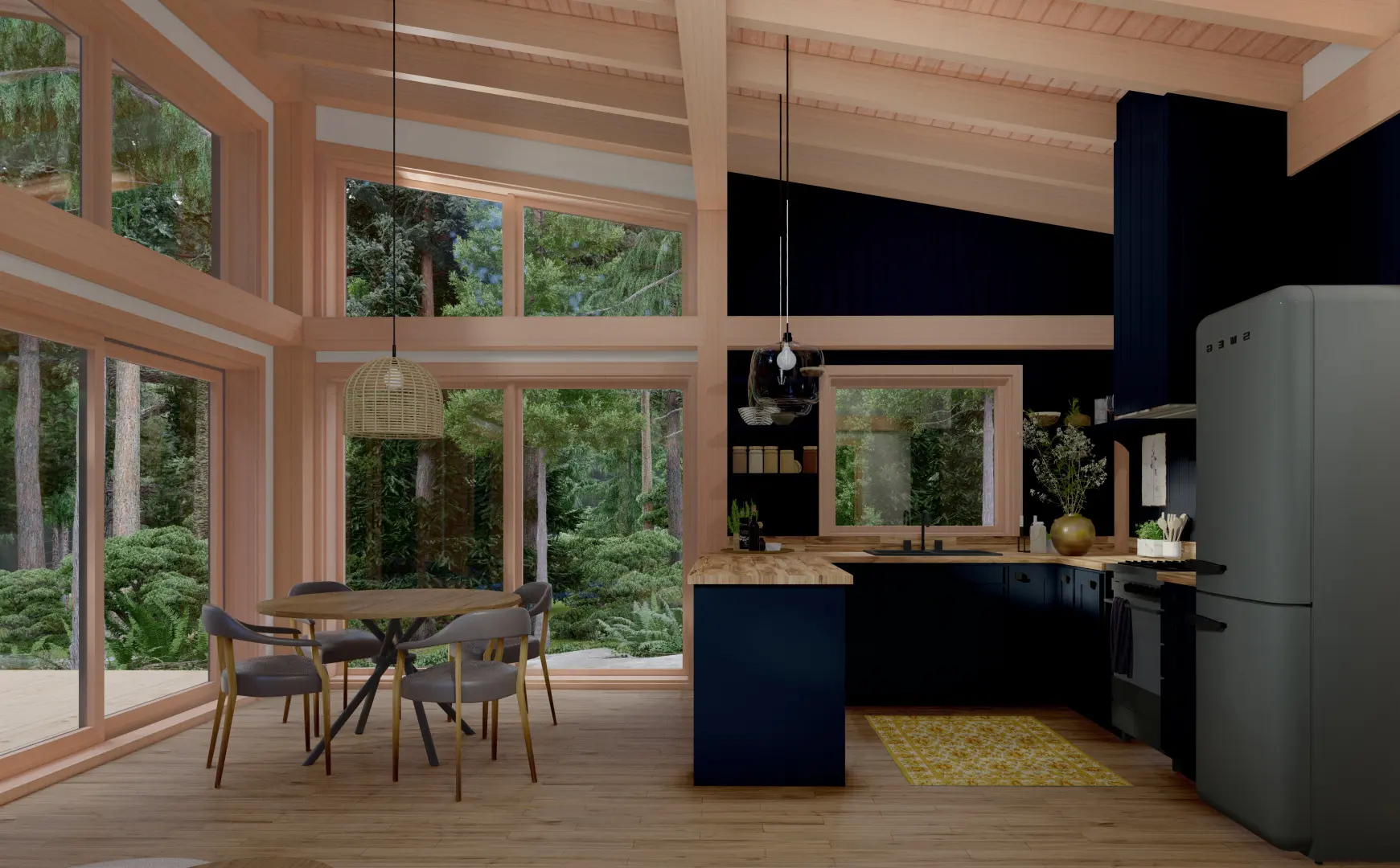 Bunkie Cabin Mono Slope Roof House Plans The Buckhorn 4133 Interior Kitchen Dining Room Nook Window Wall Normerica Timber Homes