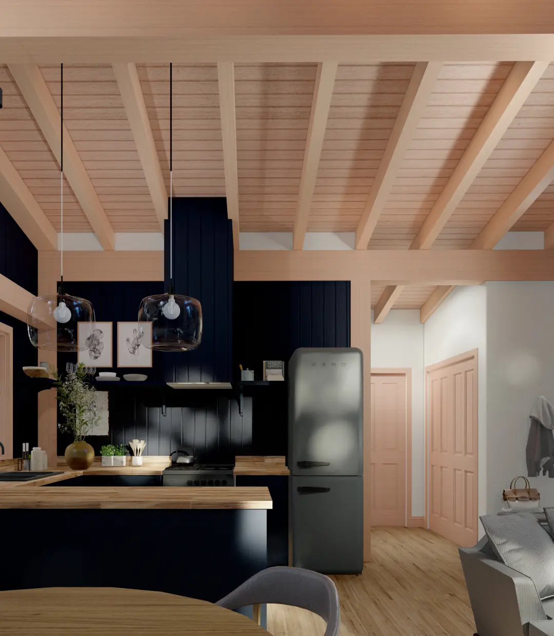 Bunkie Cabin Mono Slope Roof House Plans The Buckhorn 4133 Interior Kitchen Normerica Timber Homes