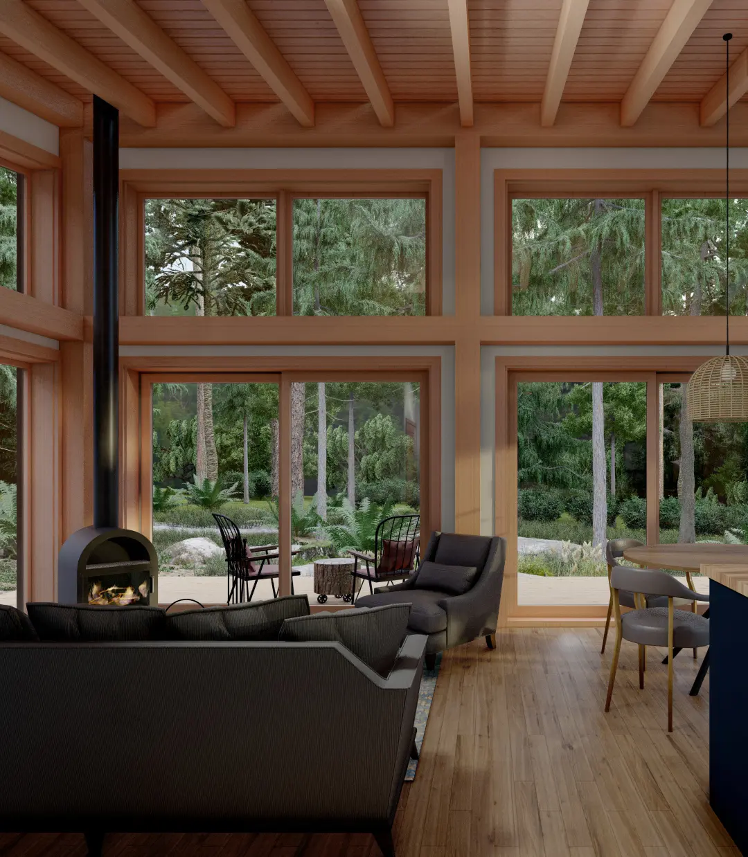 Bunkie Cabin Mono Slope Roof House Plans The Buckhorn 4133 Interior Living Fireplace Dining Room Window Wall Normerica Timber Homes