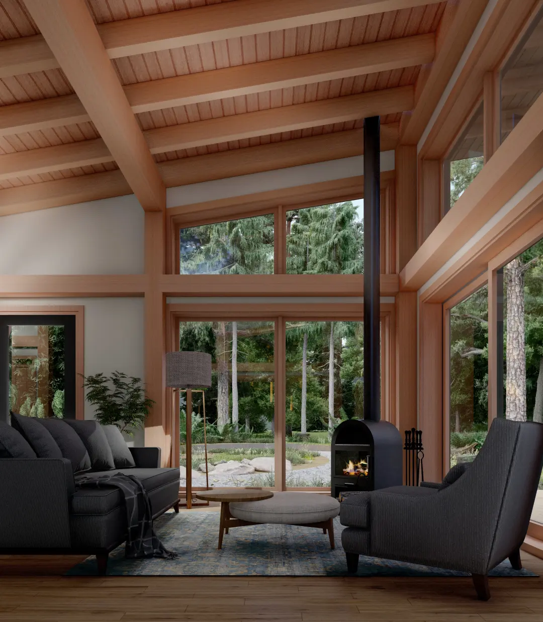 Bunkie Cabin Mono Slope Roof House Plans The Buckhorn 4133 Interior Living Room Fireplace Window Wall Normerica Timber Homes