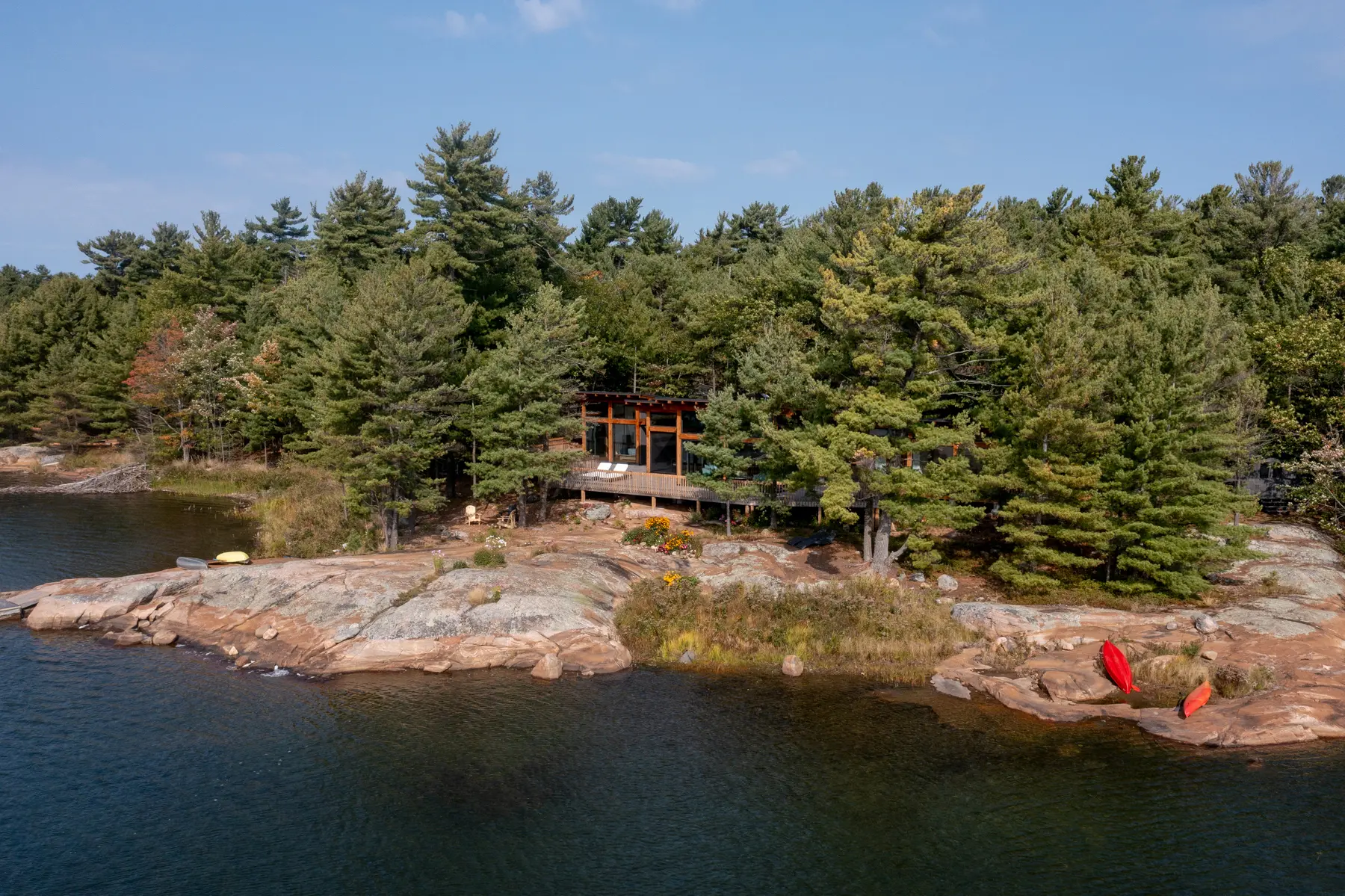 Georgian Bay Cottage Exterior Aerial Shore and Cottage Normerica Timber Homes