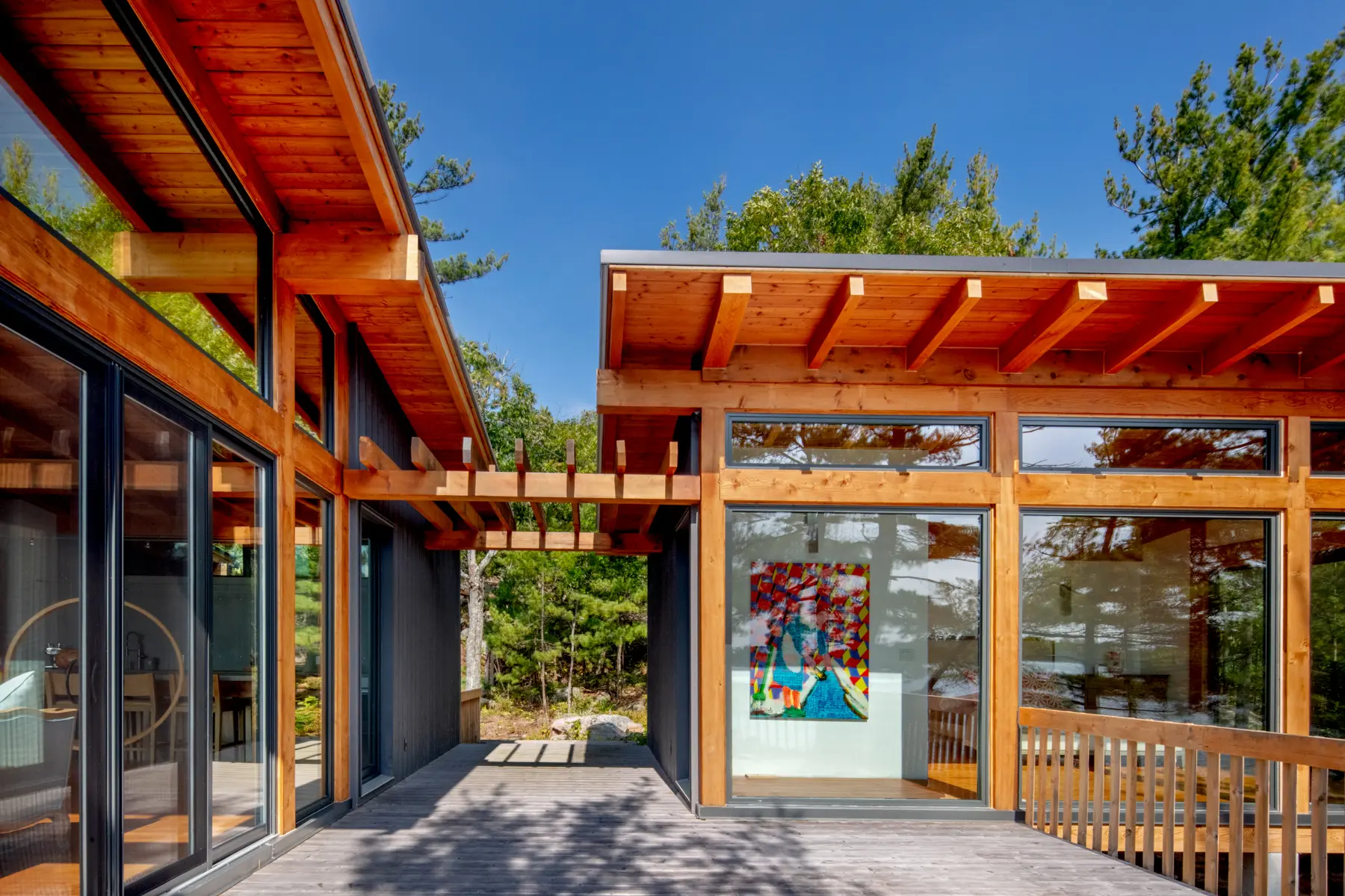 Georgian Bay Cottage Exterior Connection of Two Pods Normerica Timber Homes