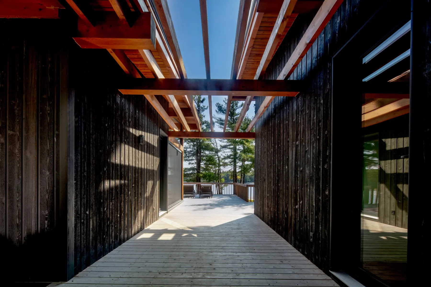 Georgian Bay Cottage Exterior Roof Connection of Two Pods Normerica Timber Homes