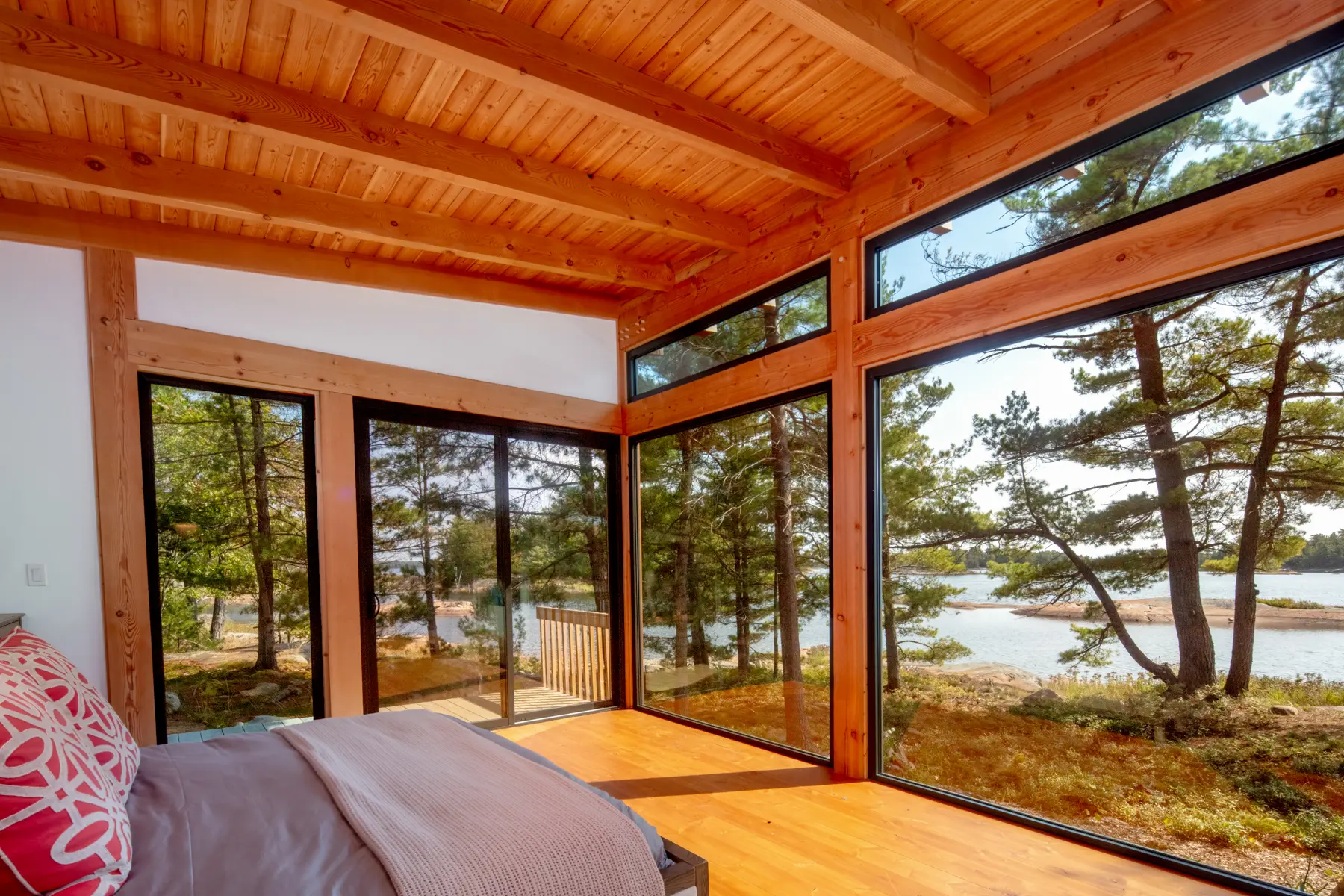 Georgian Bay Cottage Interior Bedroom Lake View Normerica Timber Homes