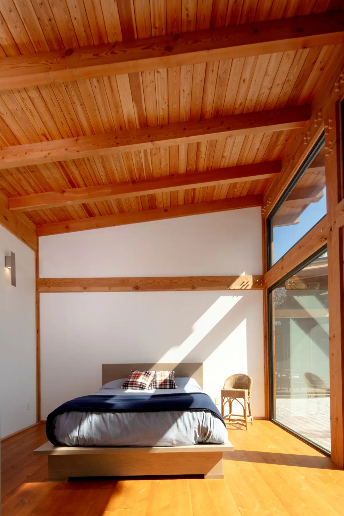 Georgian Bay Cottage Interior Bedroom Mono slope roof Normerica Timber Homes