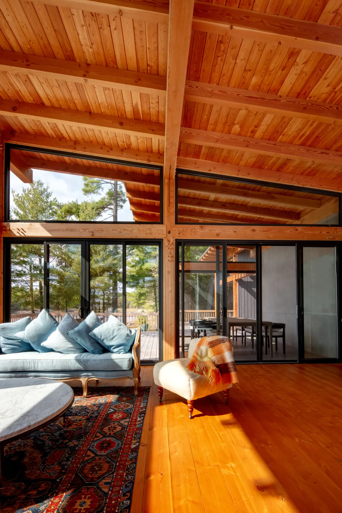 Georgian Bay Cottage Interior Living Room Dining Room Normerica Timber Homes