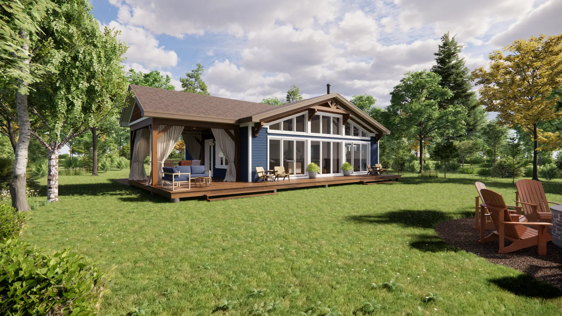 Lakeside Bungalow Cottage House Plan The Nipissing 3652 ExteriorView Lakeside Rear Porch Normerica Timber Homes