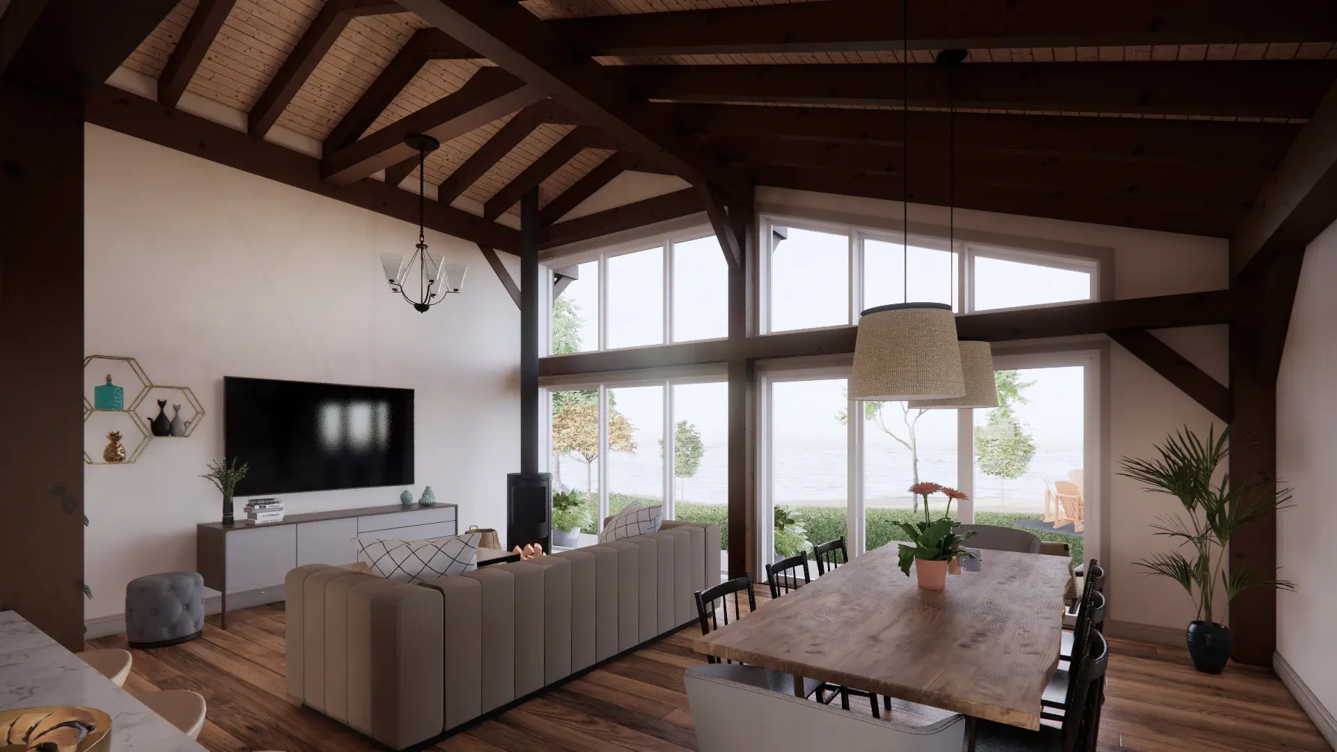 Lakeside Bungalow Cottage House Plan The Nipissing 3652 Interior Dining Room Great Room Normerica Timber Homes