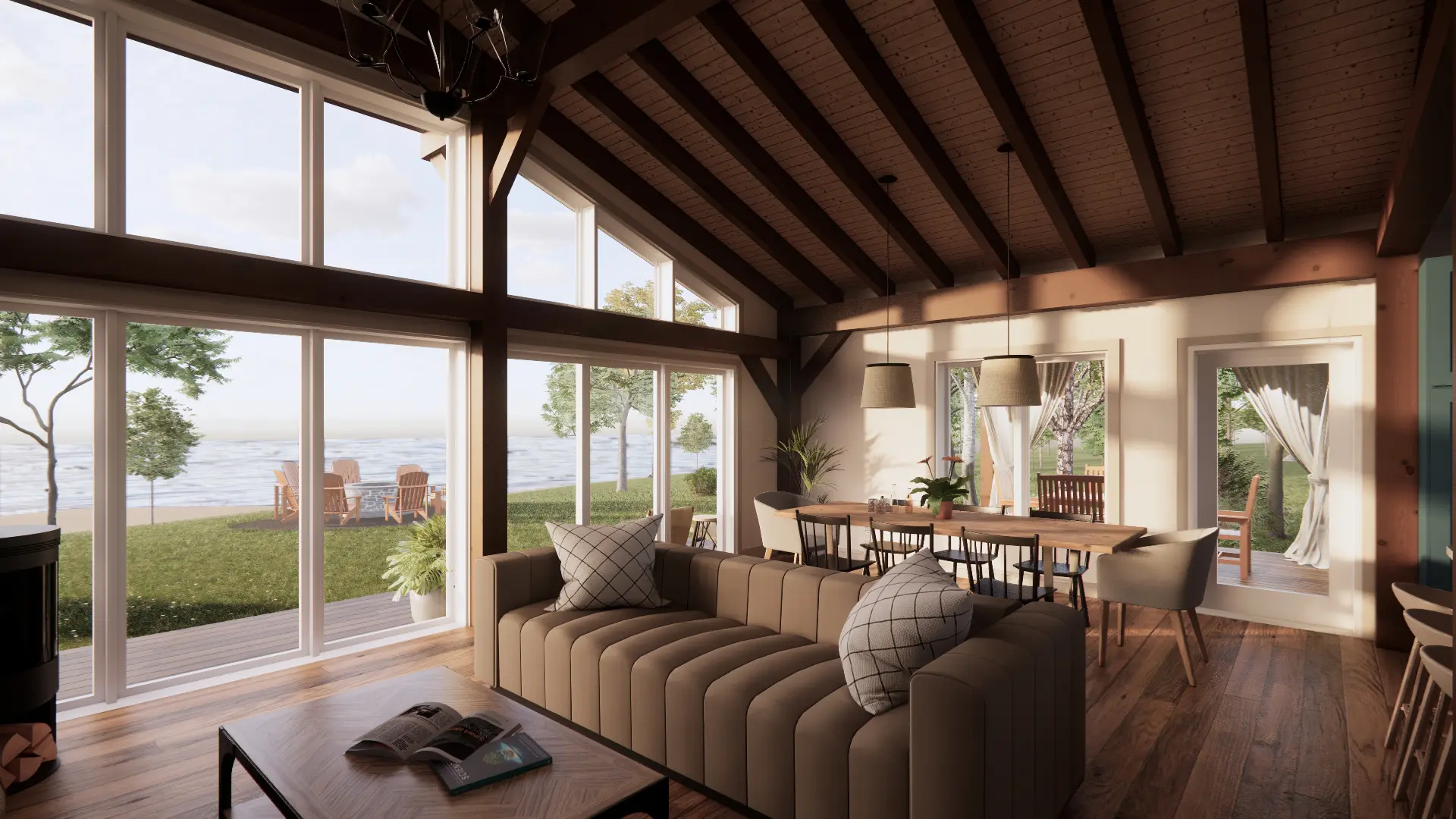 Lakeside Bungalow Cottage House Plan The Nipissing 3652 Interior Great Room Dining Room Window Wall Normerica Timber Homes