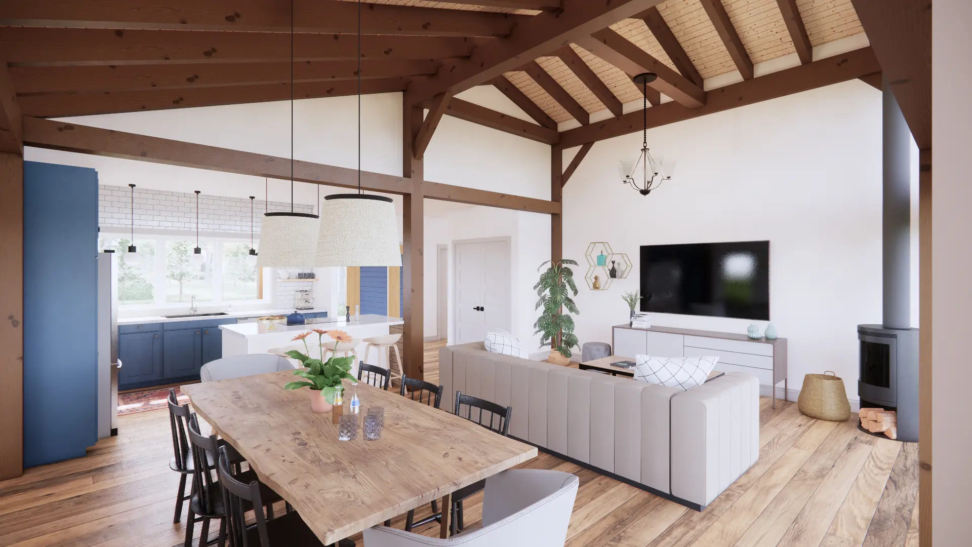 Lakeside Bungalow Cottage House Plan The Nipissing 3652 Interior View to Kitchen Dining Room Great Room Normerica Timber Homes