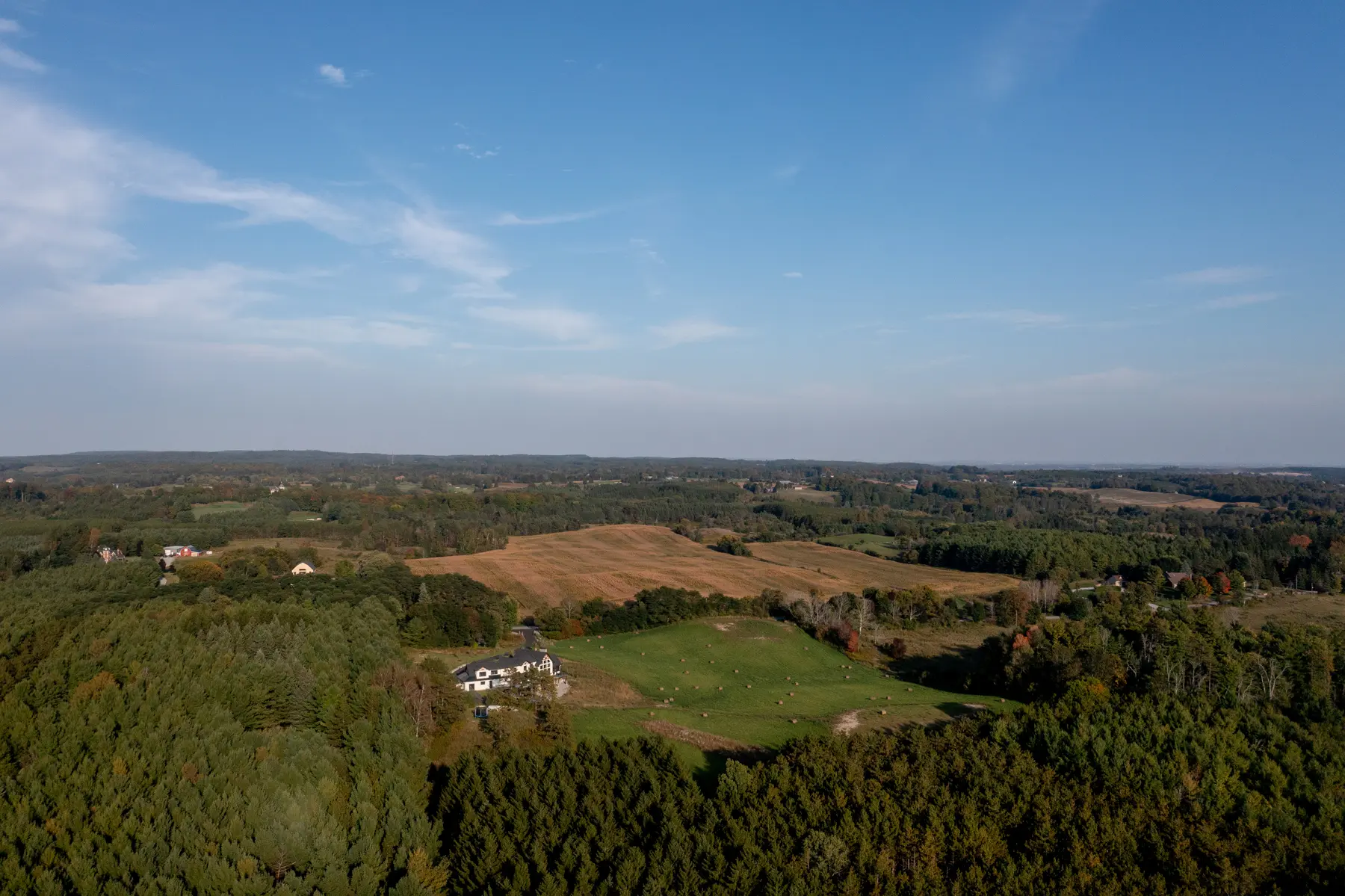Modern Farmhouse Exterior Aerial View Back Far View Rural Normerica Timber Homes