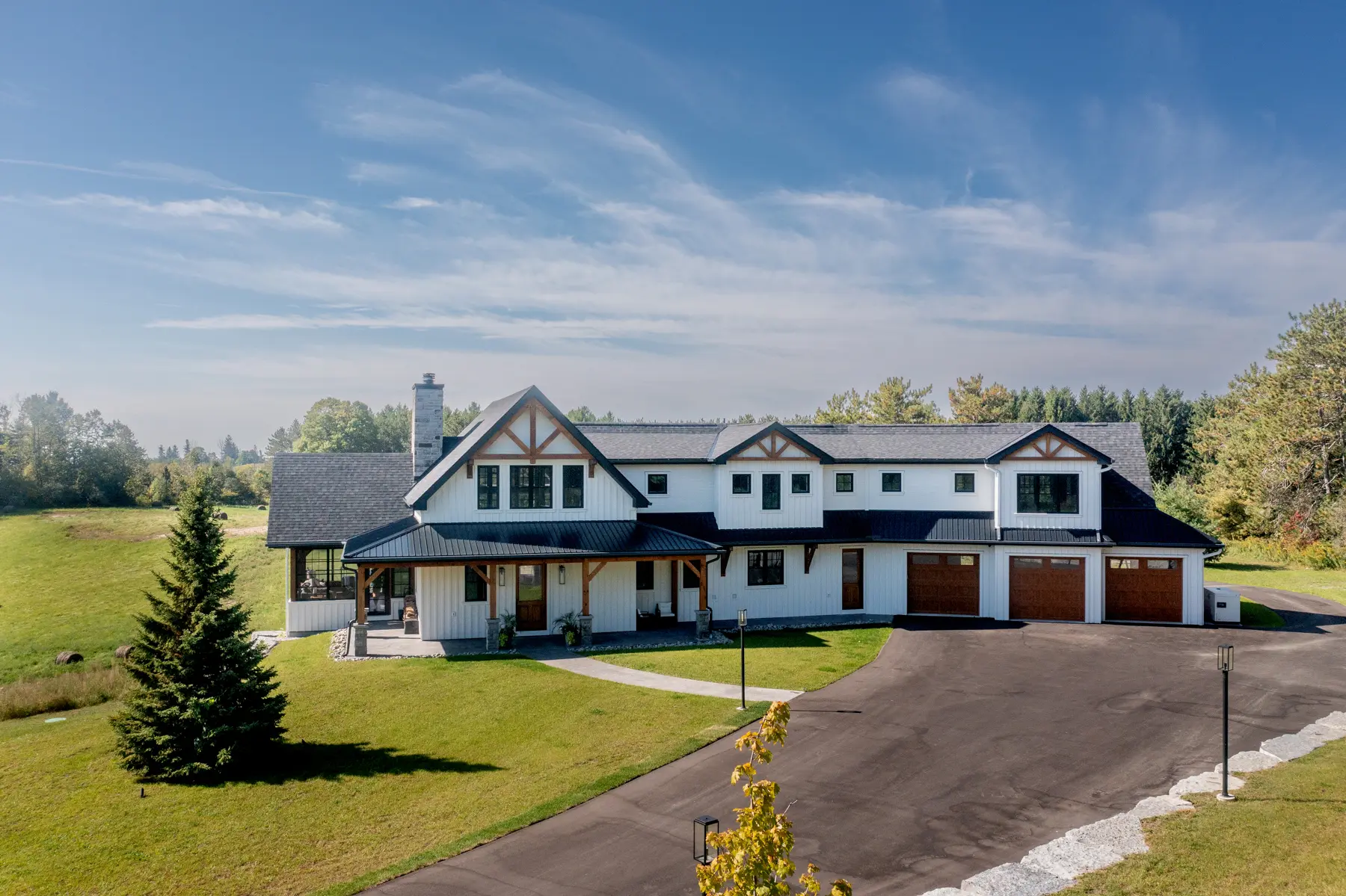 Modern Farmhouse Exterior Aerial View Front Close Normerica Timber Homes
