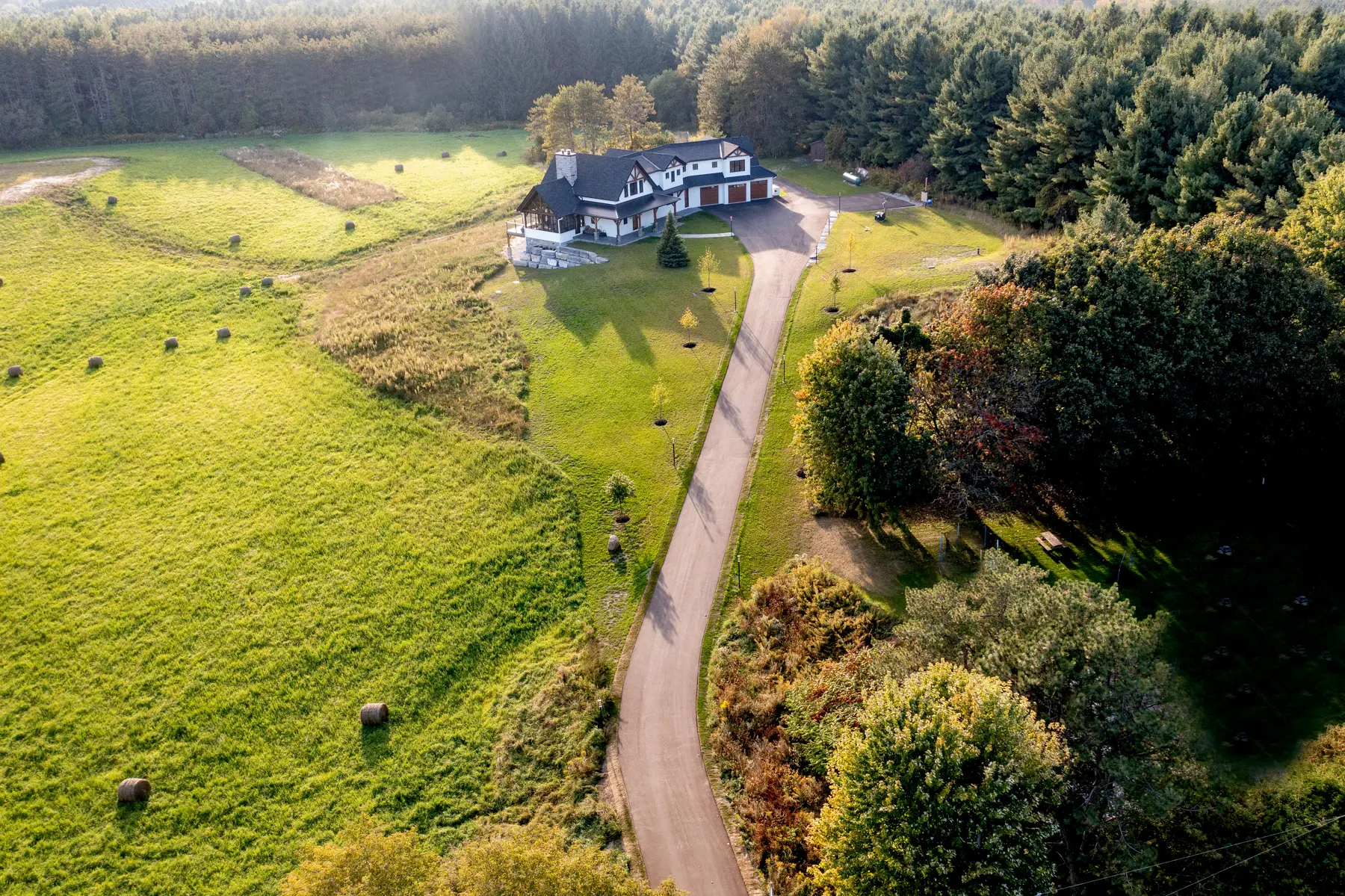 Modern Farmhouse Exterior Aerial View Front Top Driveway Normerica Timber Homes