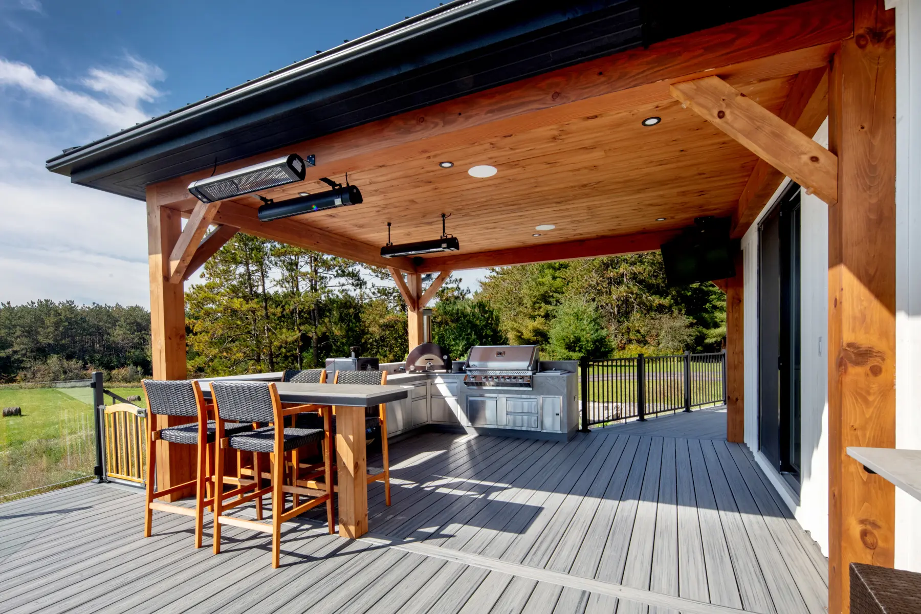 Modern Farmhouse Exterior Outdoor Kitchen and Dining Close Normerica Timber Homes
