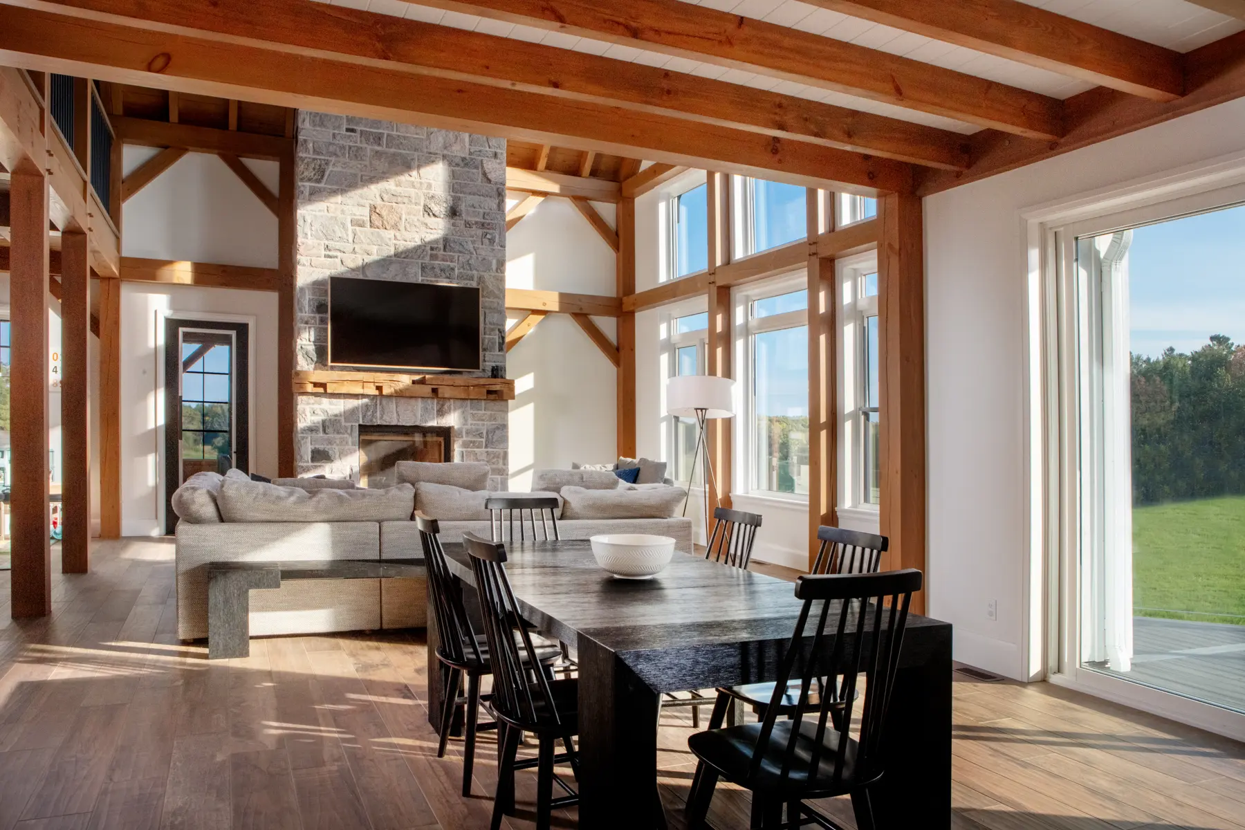 Modern Farmhouse Interior Living Room Fireplace Dining Room Normerica Timber Homes