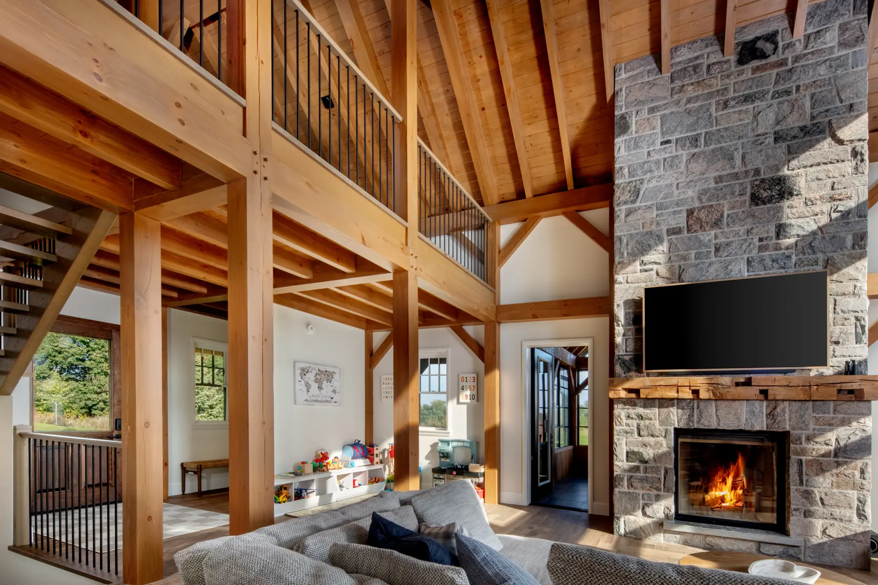 Modern Farmhouse Interior Living Room Fireplace Loft Normerica Timber Homes