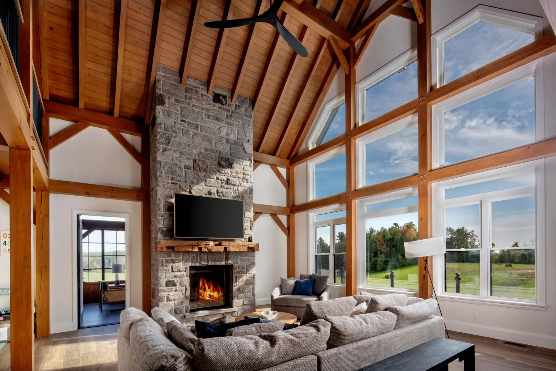 Modern Farmhouse Interior Living Room Fireplace Windows Normerica Timber Homes