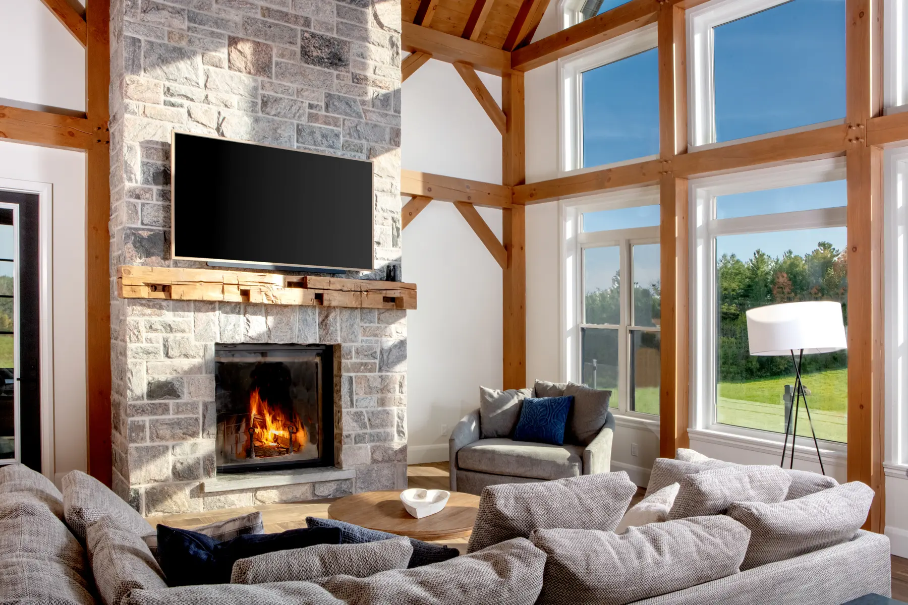 Modern Farmhouse Interior Living Room Fireplace Windows TV Normerica Timber Homes