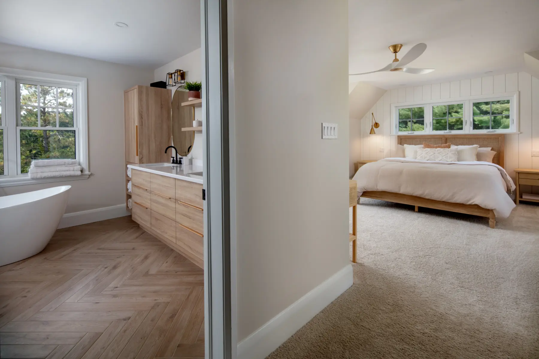 Modern Farmhouse Interior Primary Suite and Ensuite Normerica Timber Homes