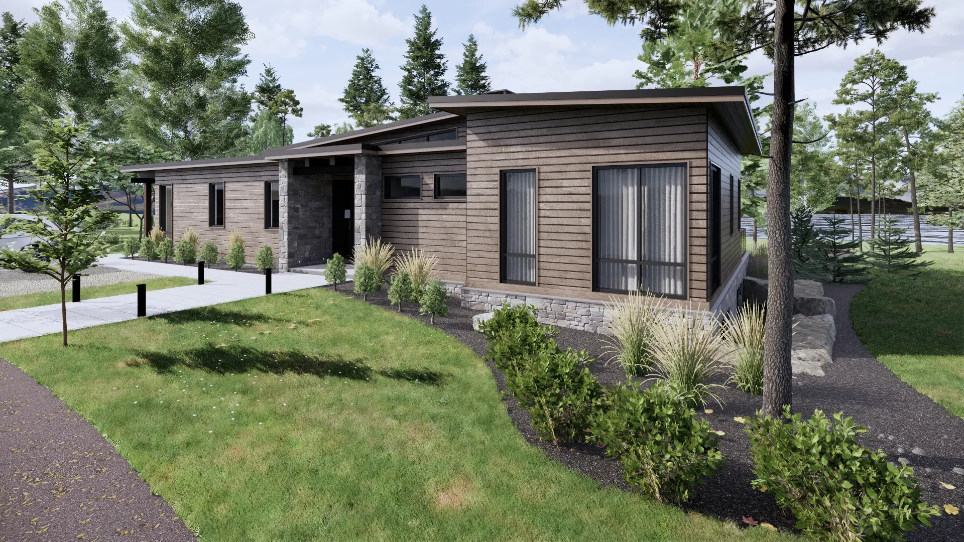 Modern Mountain Glass House Plan The Cypress 4134 Exterior Front Primary Bedroom Side View Normerica Timber Homes