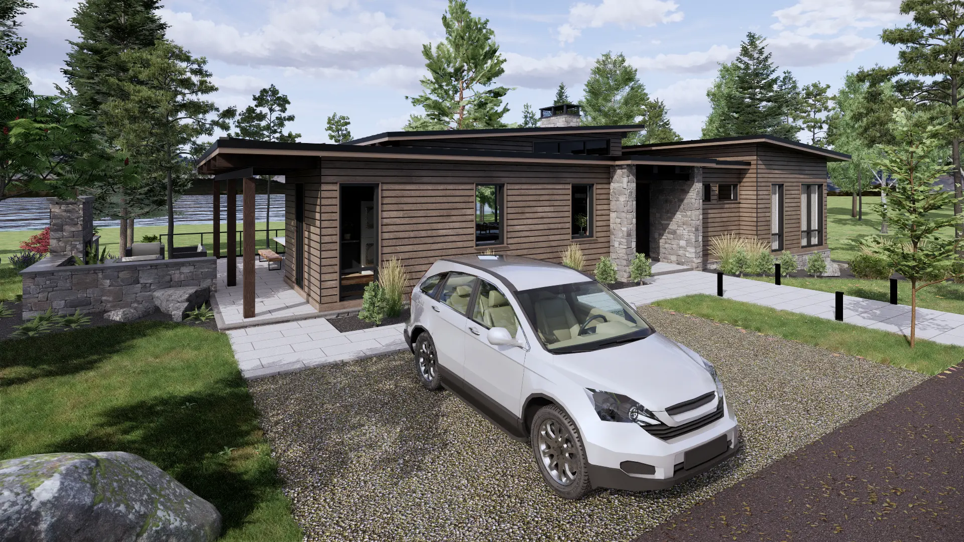 Modern Mountain Glass House Plan The Cypress 4134 Exterior Front Side Entrance Covered Porch Normerica Timber Homes