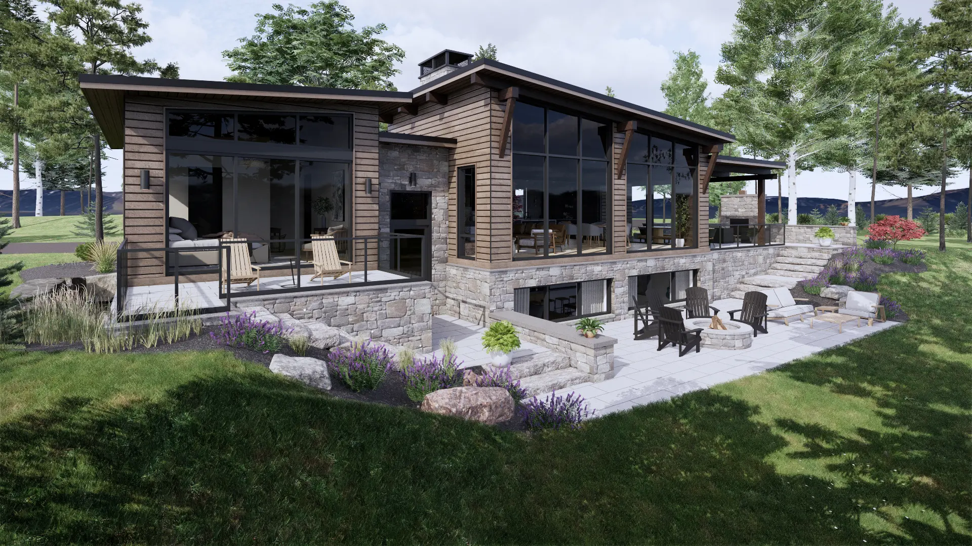Modern Mountain Glass House Plan The Cypress 4134 Exterior Side View Primary Bedroom Private Patio Normerica Timber Homes