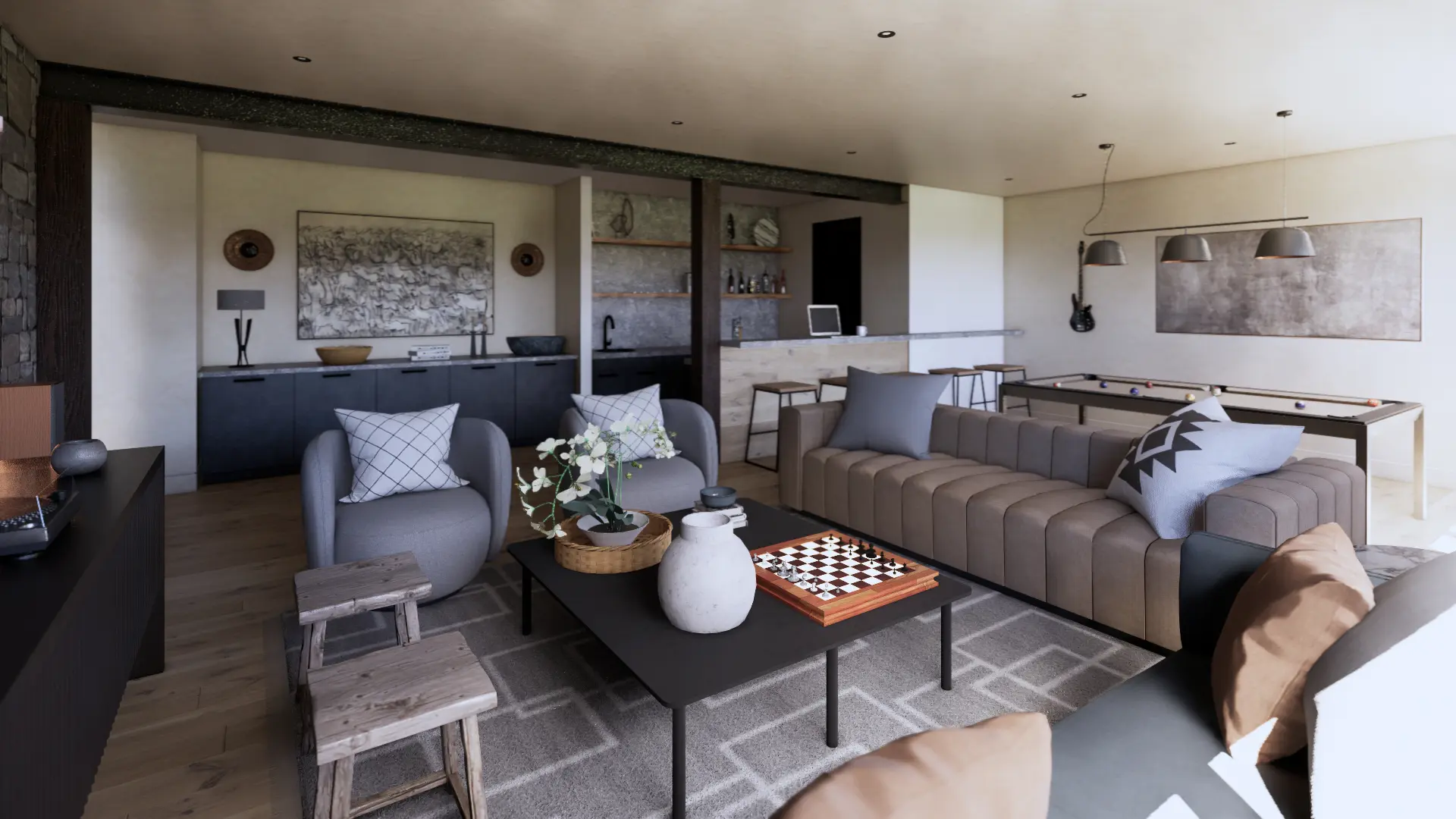 Modern Mountain Glass House Plan The Cypress 4134 Interior Basement Bar Recreation Room Steel Beam Normerica Timber Homes