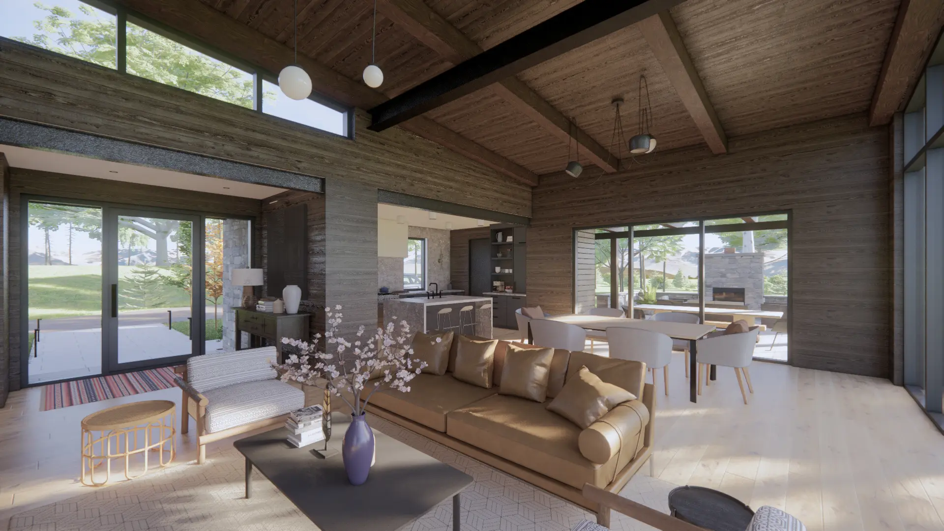 Modern Mountain Glass House Plan The Cypress 4134 Interior Living Room Great Room Dining Room Cathedral Ceiling Normerica Timber Homes