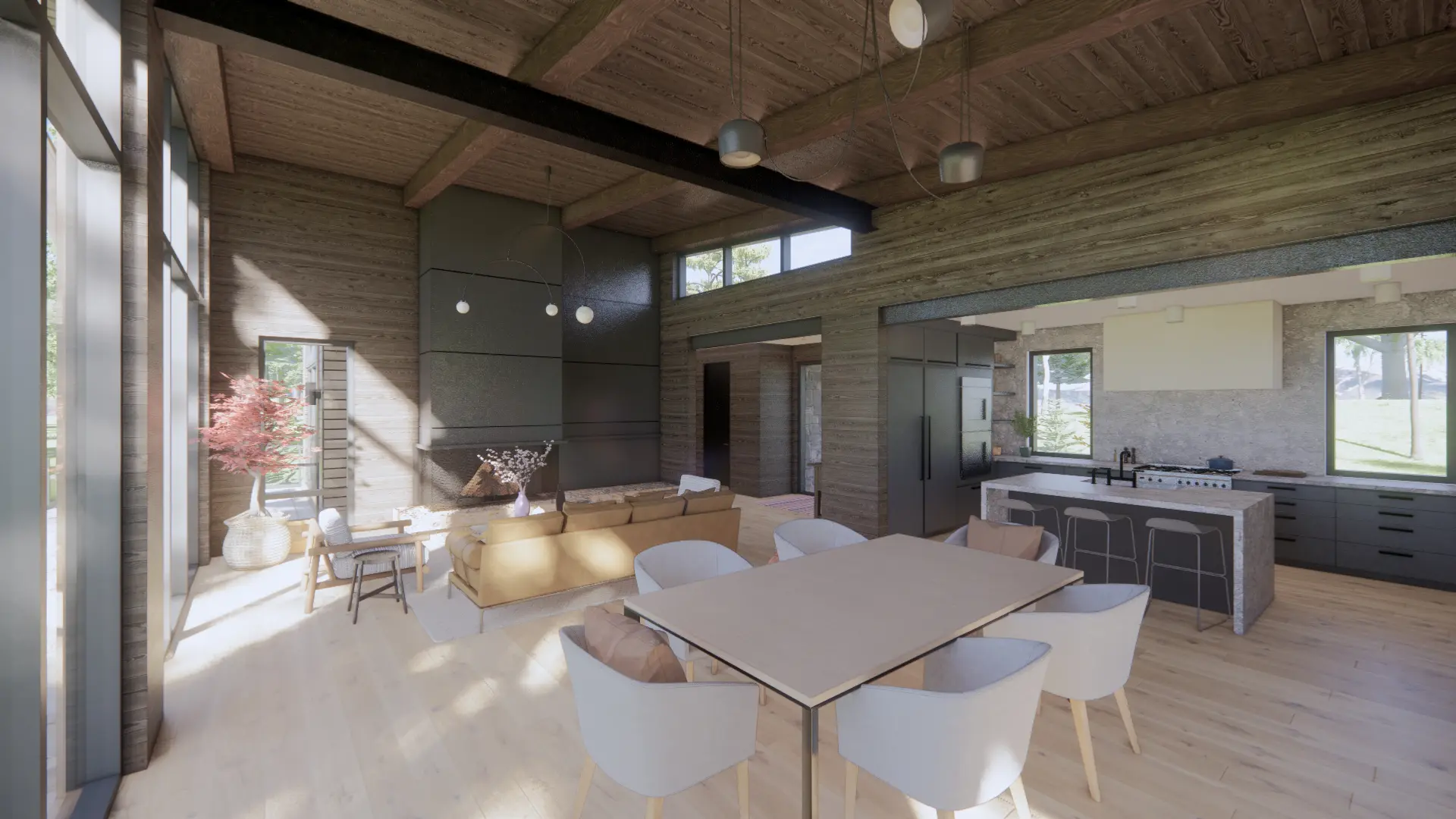 Modern Mountain Glass House Plan The Cypress 4134 Interior Living Room Great Room Kitchen Cathedral Ceiling Normerica Timber Homes