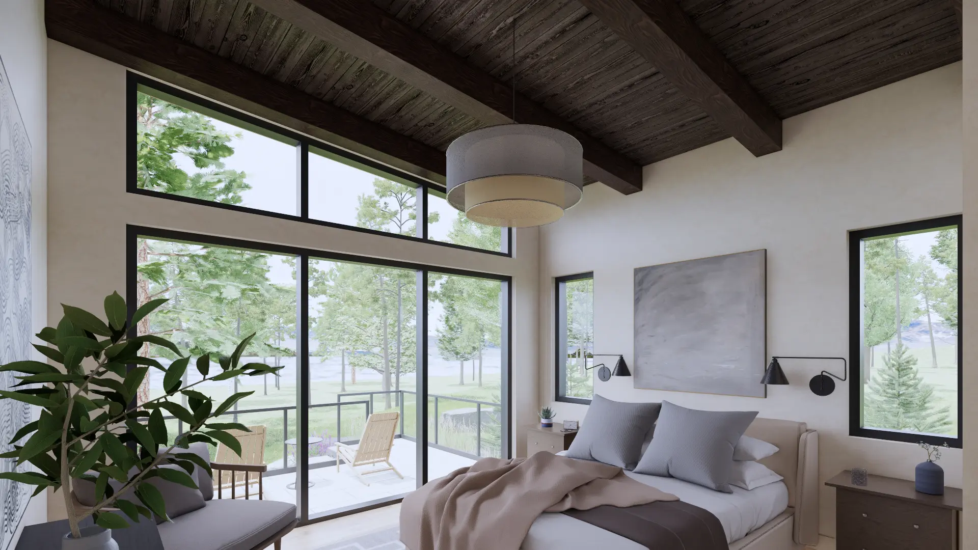 Modern Mountain Glass House Plan The Cypress 4134 Interior Primary Bedroom Window Wall Cathedral Ceiling Normerica Timber Homes