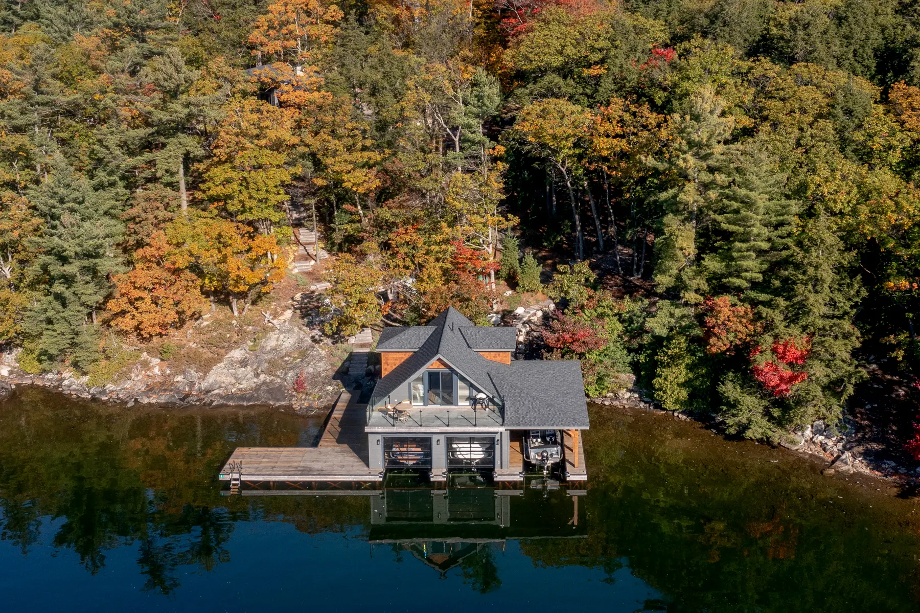 Muskoka Island Cottage Enterior Aerial View of Boathouse