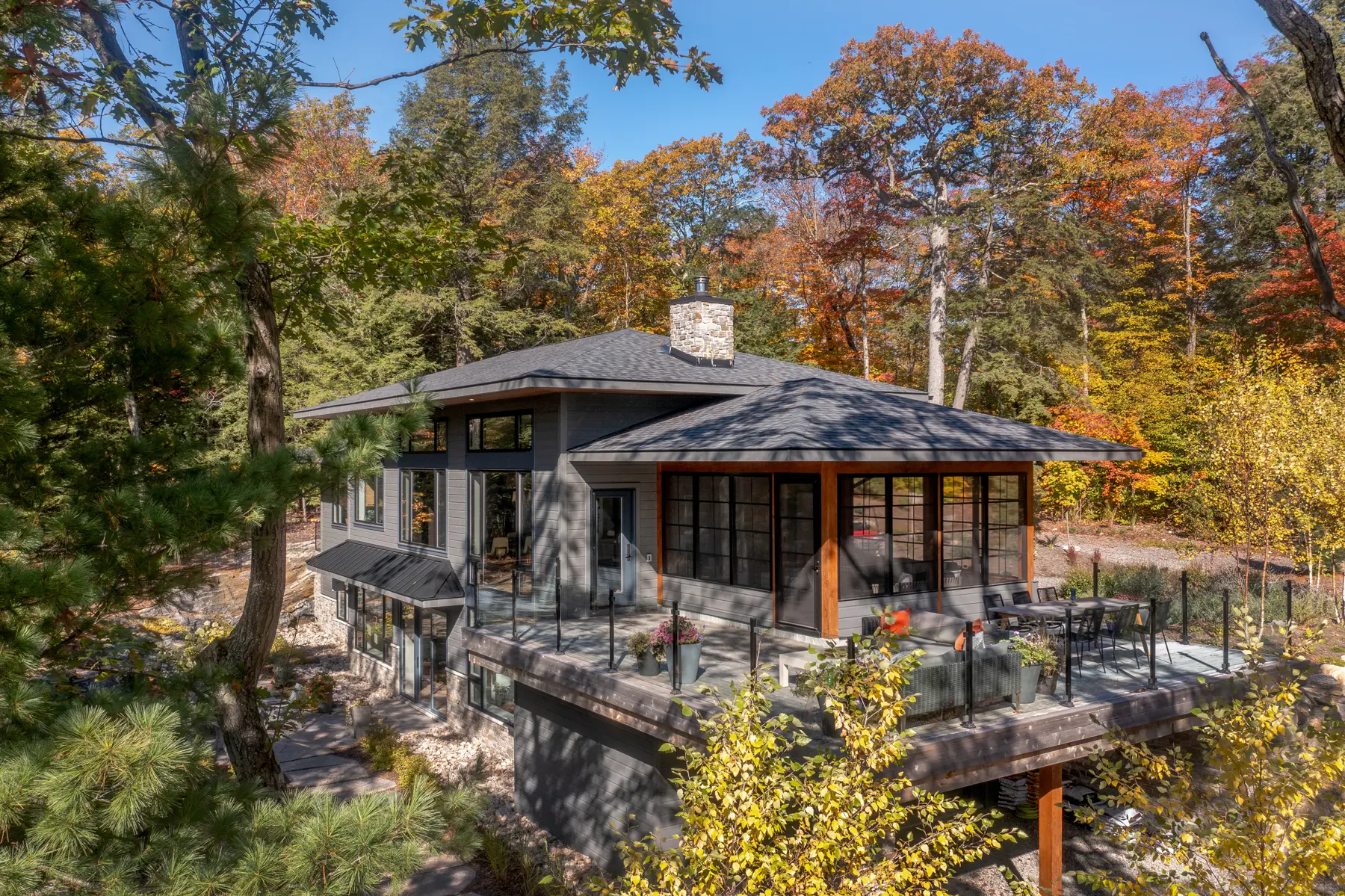Muskoka Island Cottage Exterior Aerial View Deck