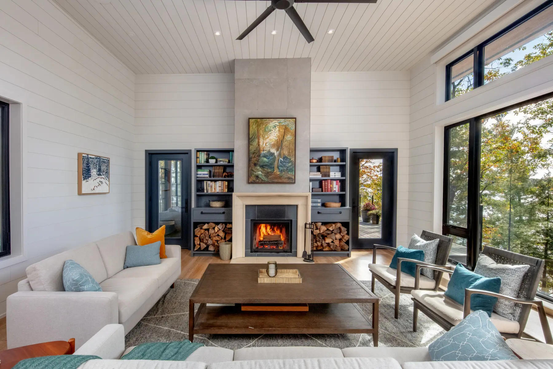 Muskoka Island Cottage Interior Great Room Fireplace