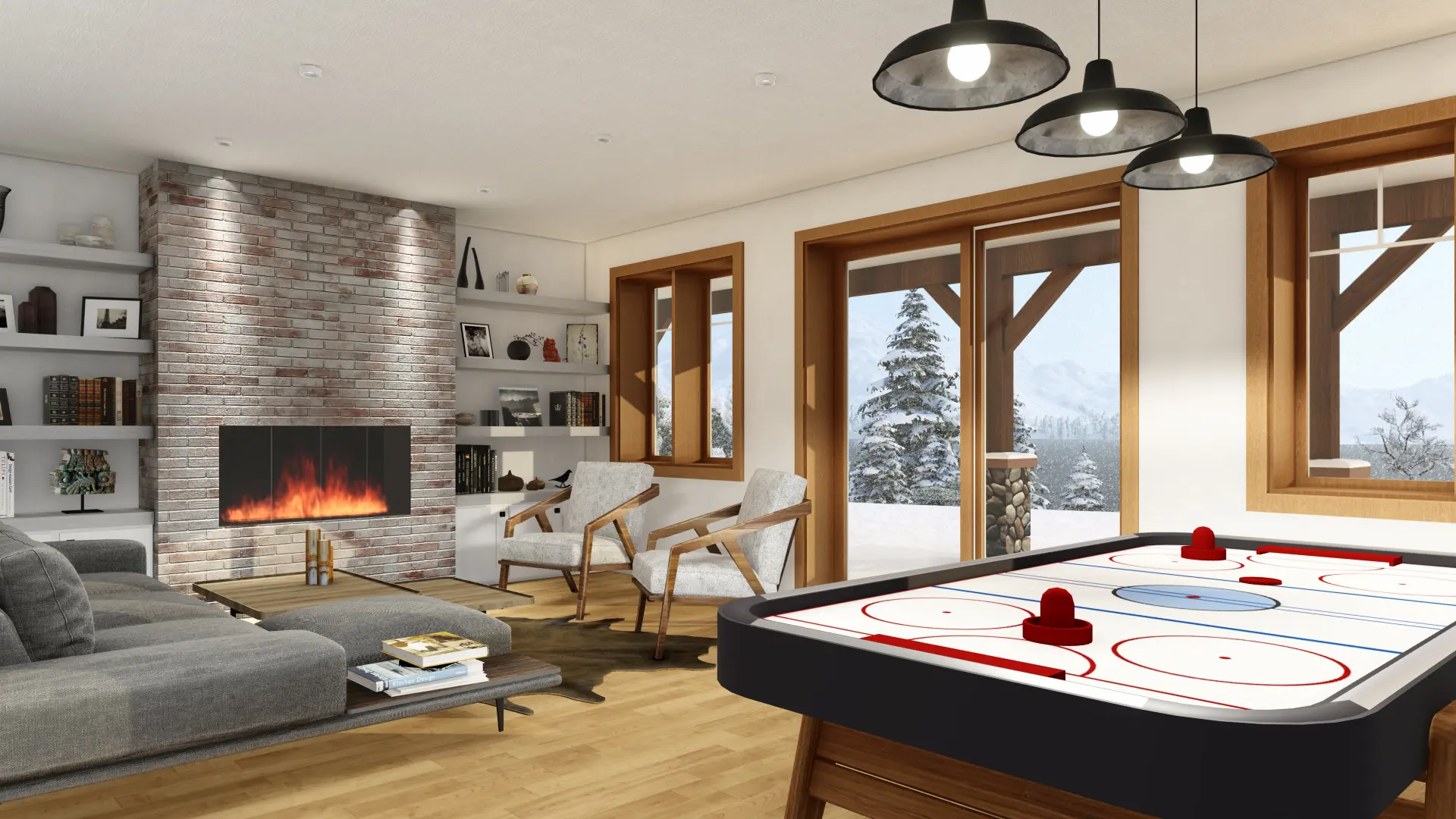 Normerica TImber Homes Timber Frame House Plans The Rouge 3977 Interior Basement Walkout Recreation Room Games Room