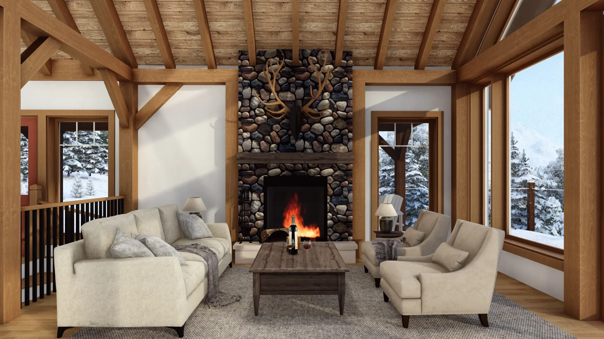 Normerica TImber Homes Timber Frame House Plans The Rouge 3977 Interior Living Room Fireplace