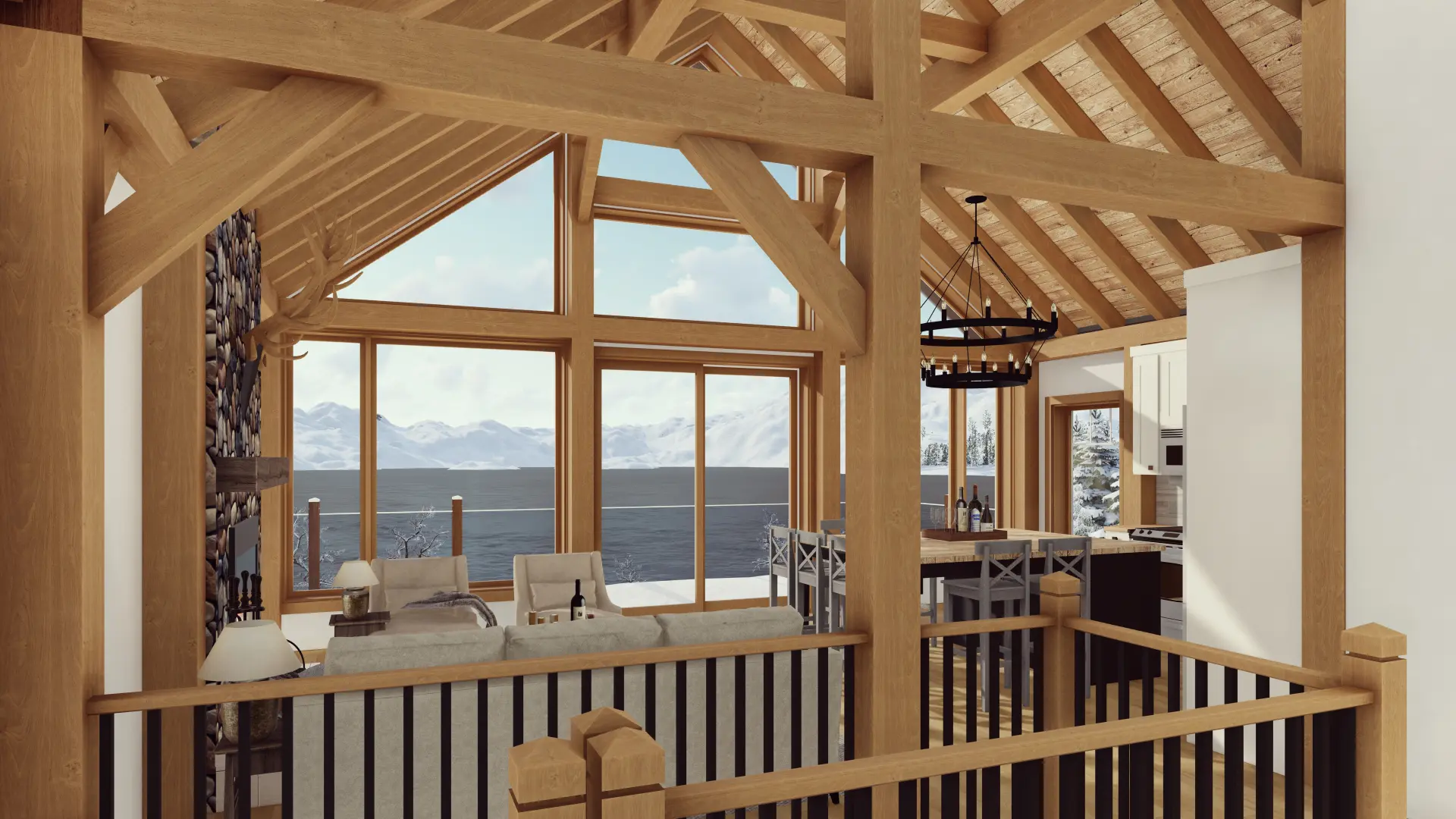 Normerica TImber Homes Timber Frame House Plans The Rouge 3977 Interior Living Room Kitchen Dining Room Open Concept Cathedral Ceiling