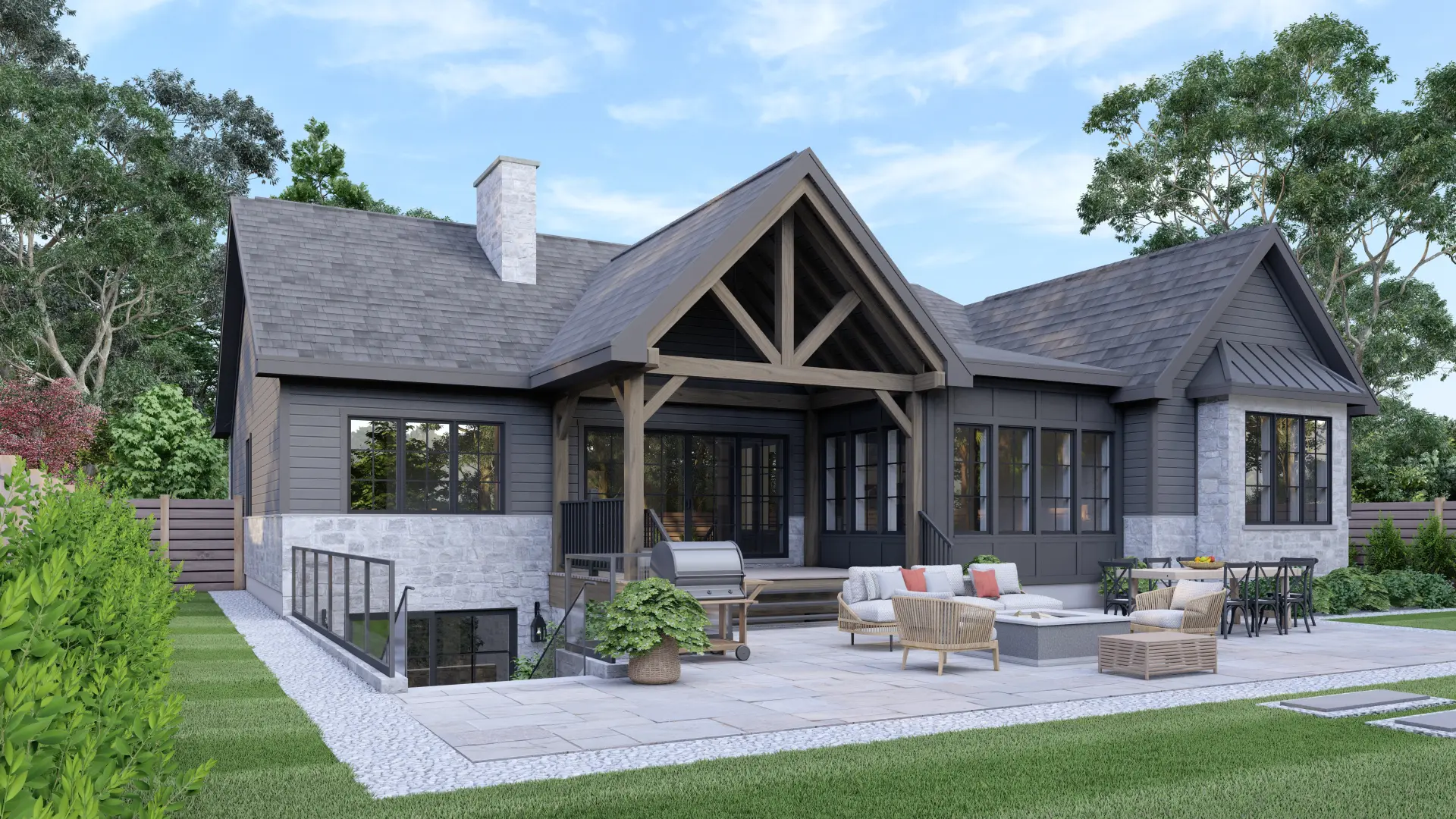 Normerica Timber Homes House Plan The Brighton 4104 Exterior Rear Outdoor Entertaining Basement Walkout