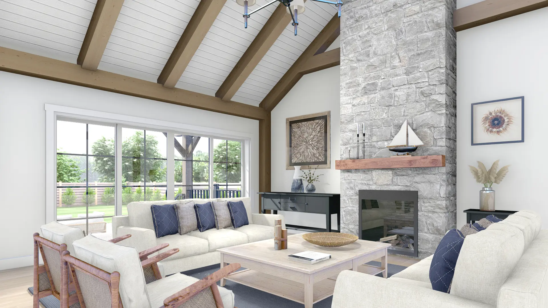 Normerica Timber Homes House Plan The Brighton 4104 Interior Living Room Cathedral Ceiling Fireplace