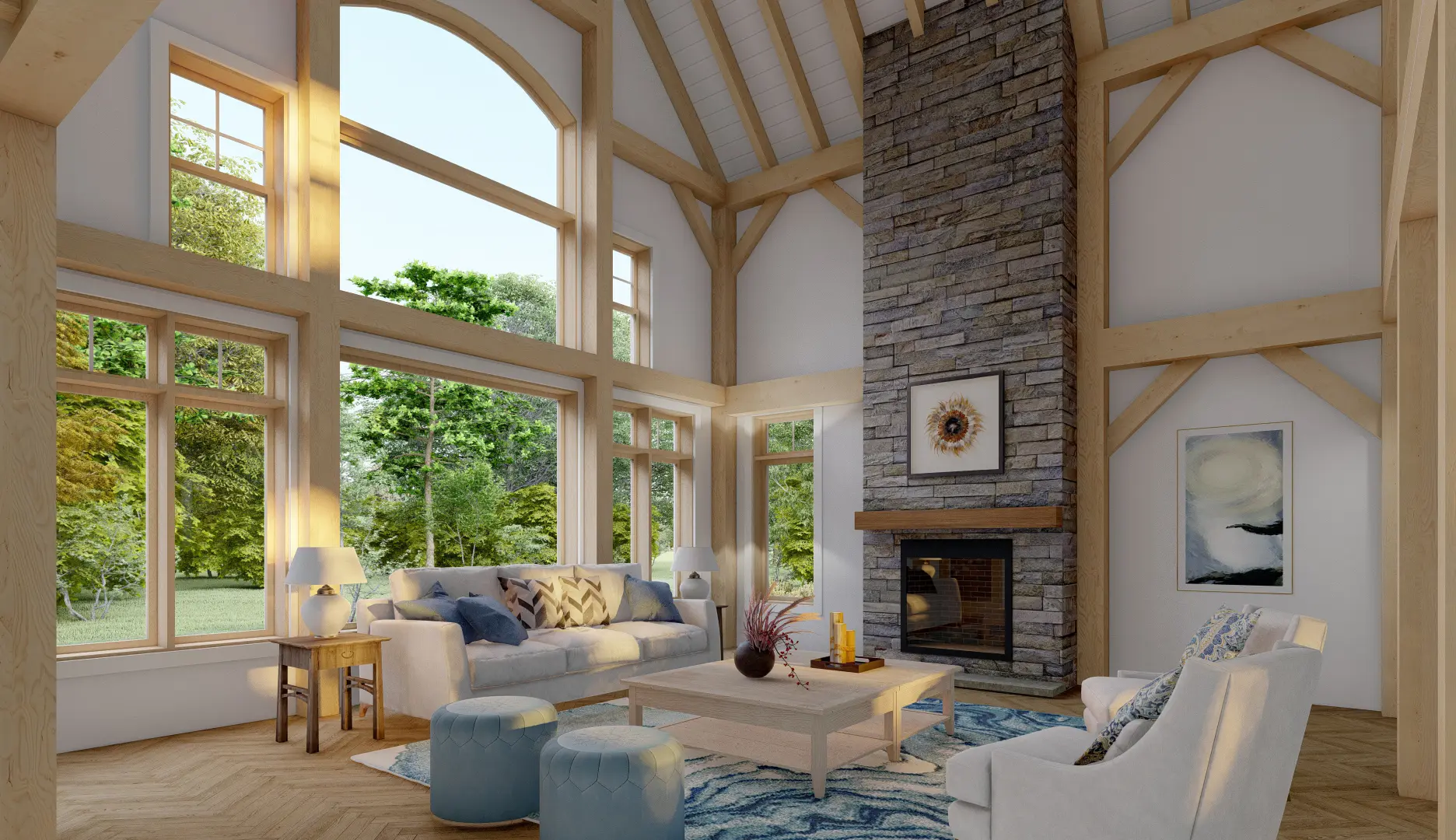 Normerica Timber Homes House Plans The Dufferin 2822 Interior Living Room Fireplace Cathedral Ceiling