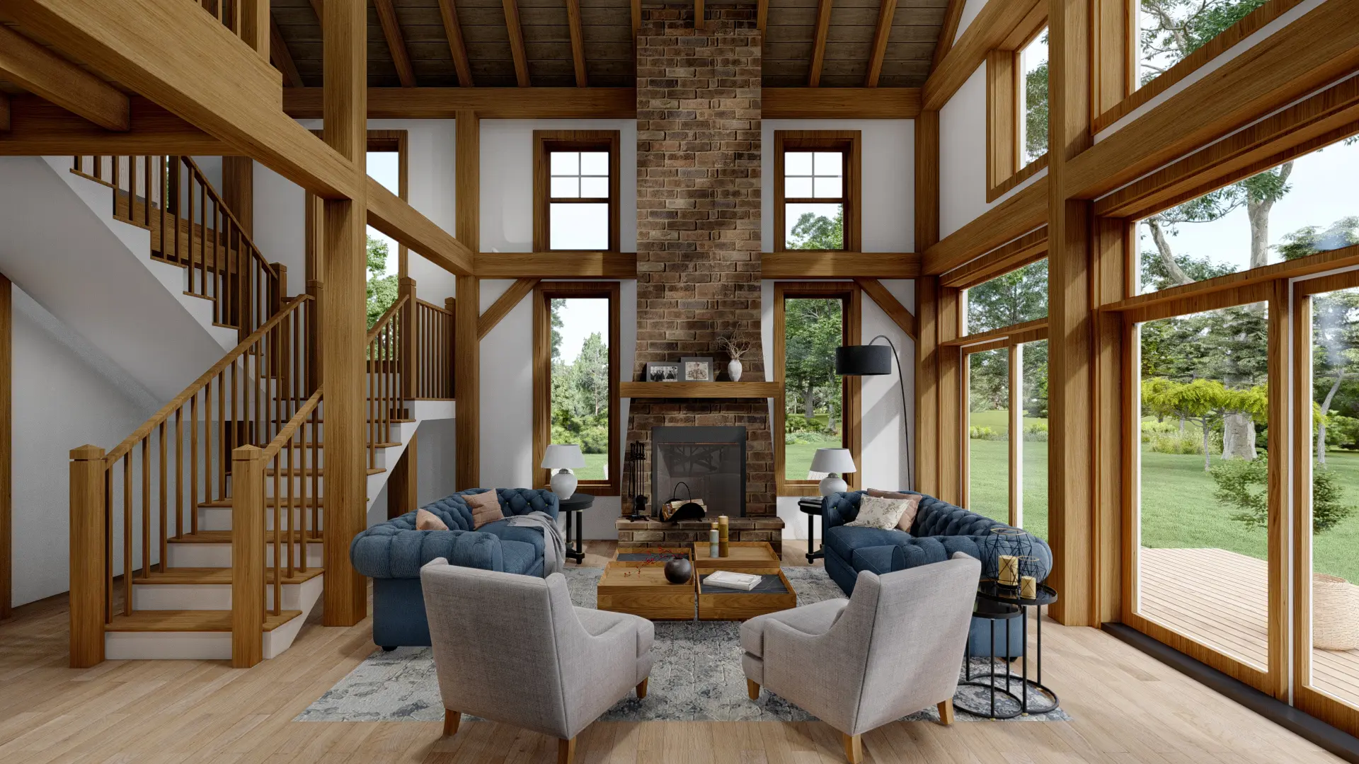 Normerica Timber Homes House Plans The Kettleby 4001 Interior Fireplace Great Room Living Room Staircase