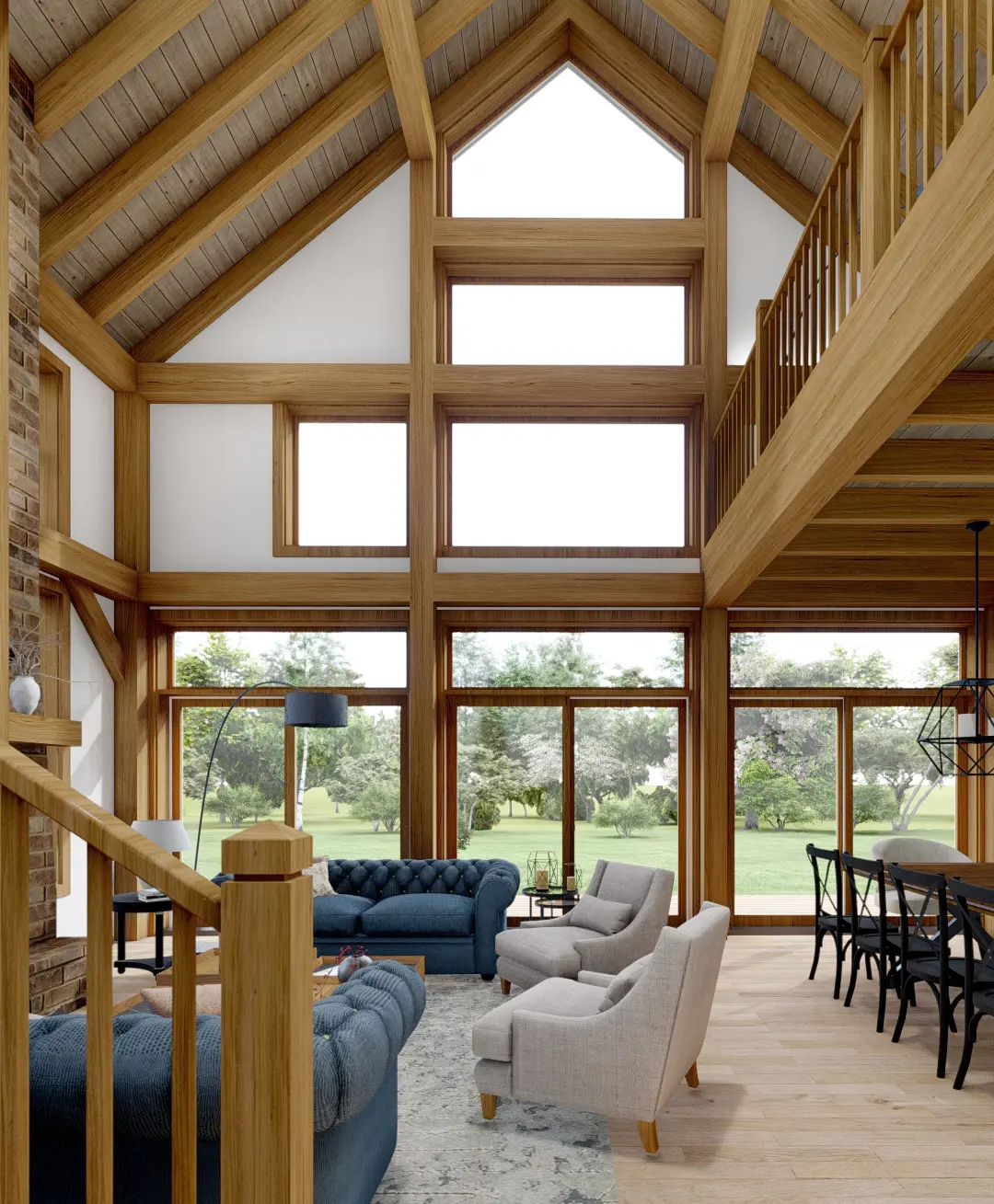Normerica Timber Homes House Plans The Kettleby 4001 Interior Living Room Great Room Cathedral Ceiling Windows. View Open Concept