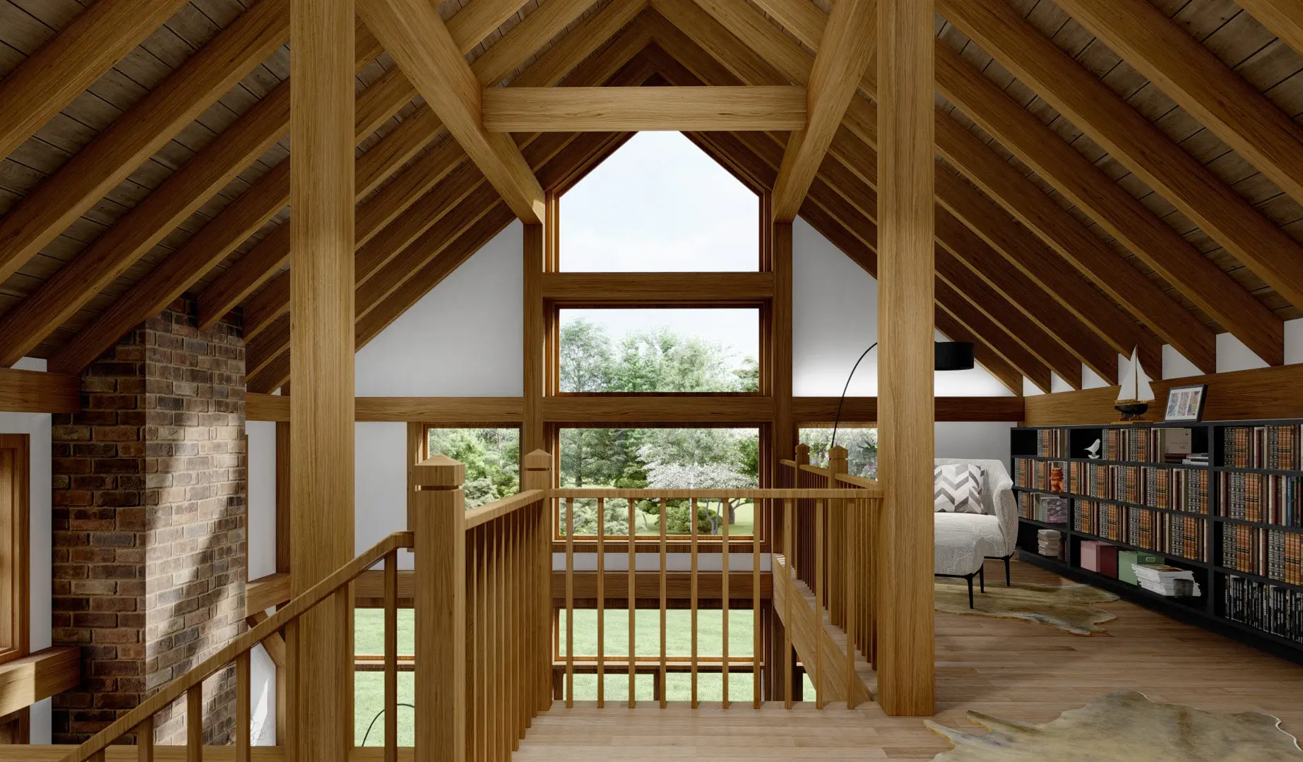Normerica Timber Homes House Plans The Kettleby 4001 Interior Second Floor Open Concept Cathedral Ceiling Library