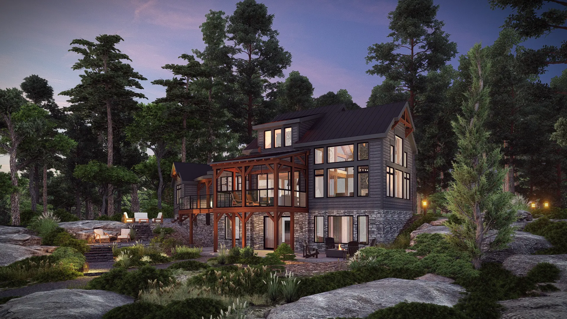 Normerica Timber Homes House Plans The Ranger 3575 Exterior Rear Living Room Side Dusk