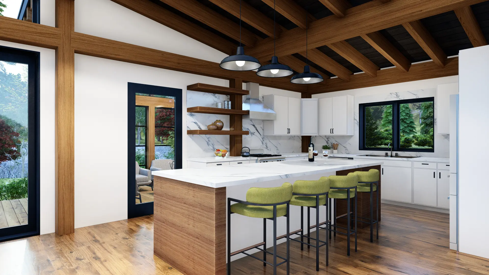 Normerica Timber Homes Timber Frame House Plan The Kershaw 3808 Interior Kitchen Cathedral Ceiling Mono sloped roof