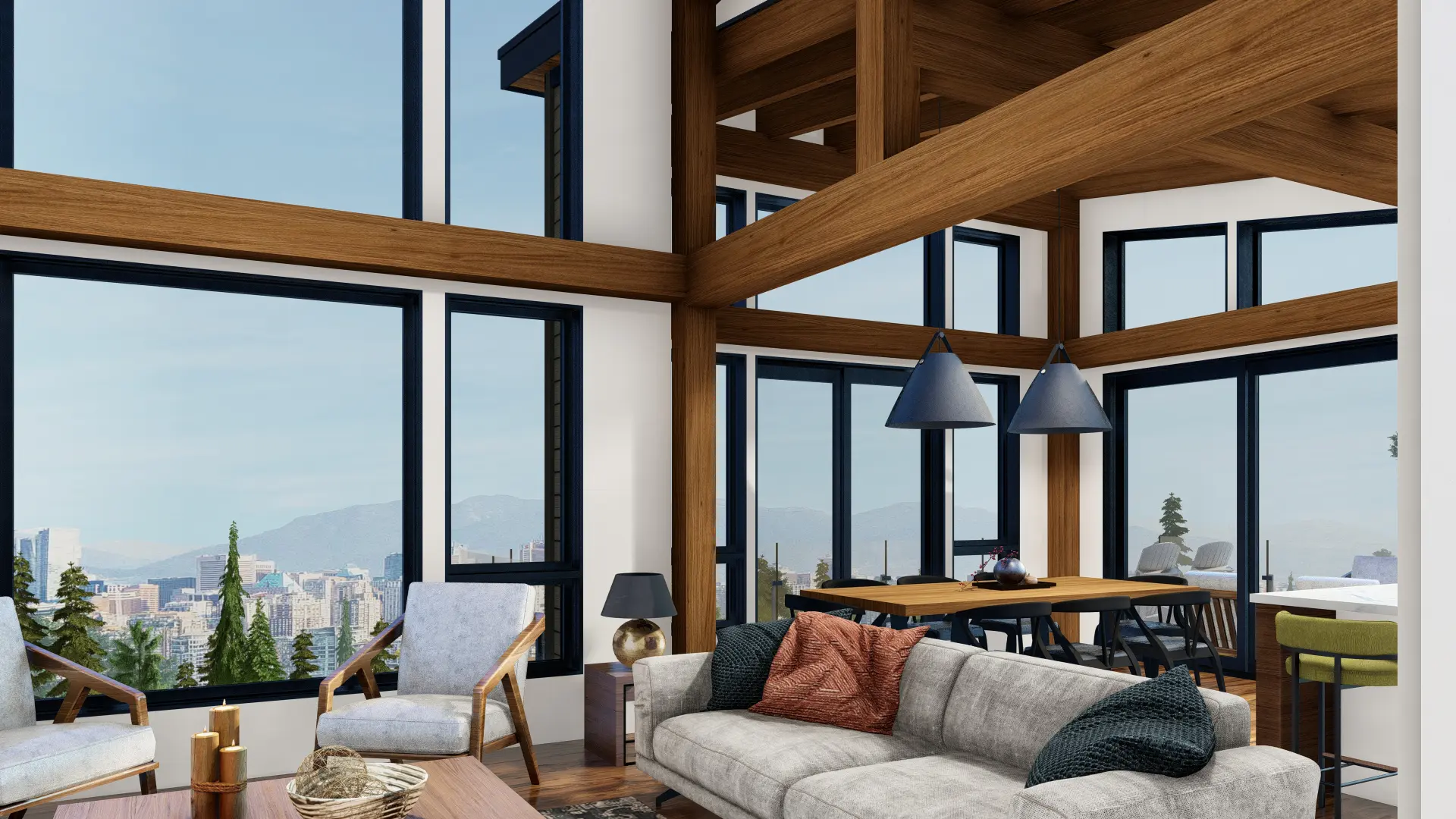 Normerica Timber Homes Timber Frame House Plan The Kershaw 3808 Interior Living Room Dining Room Window Wall Cathedral Ceiling