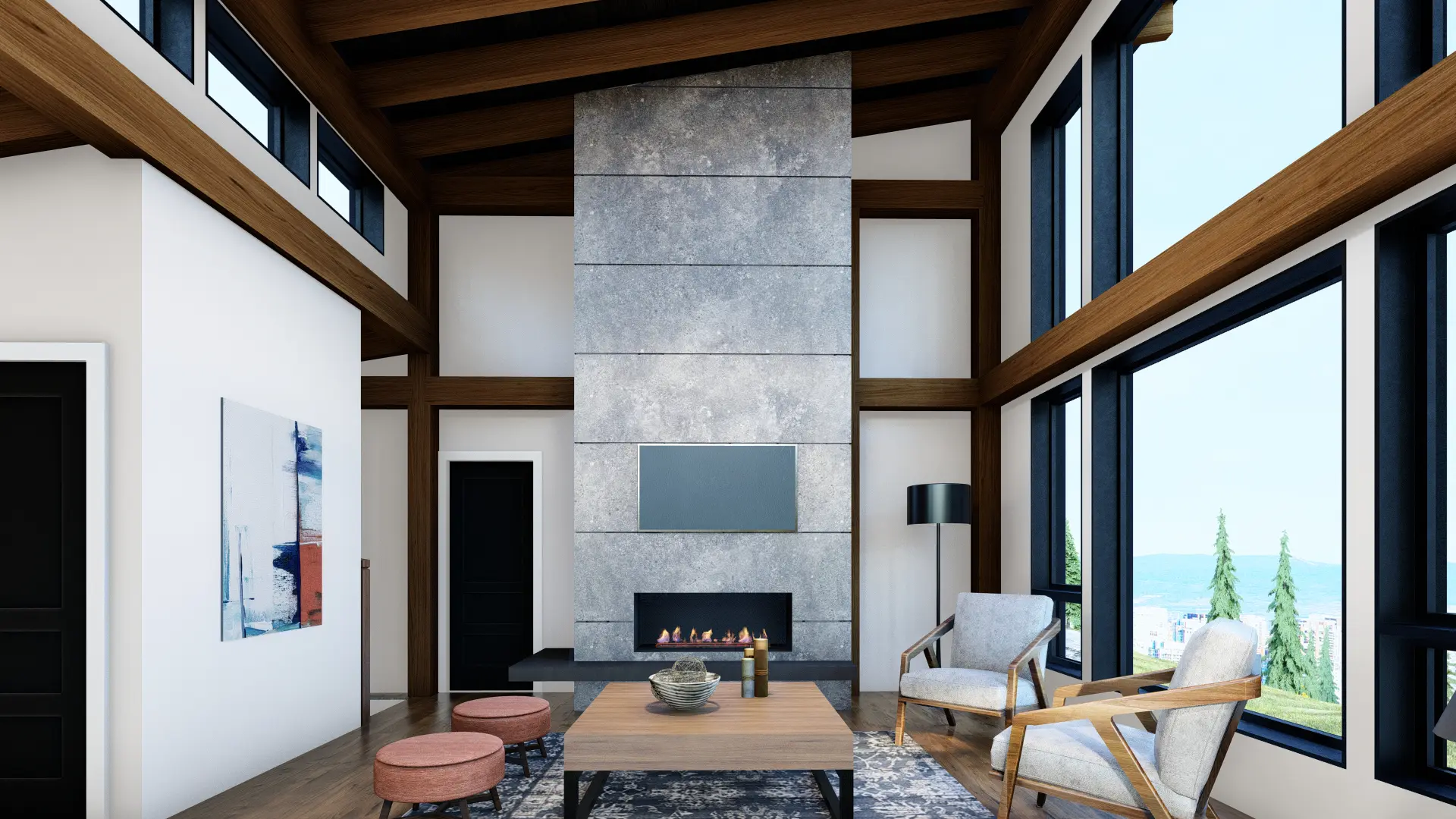 Normerica Timber Homes Timber Frame House Plan The Kershaw 3808 Interior Living Room Great Room Fireplace Window Wall Cathedral Ceiling Mono sloped roof