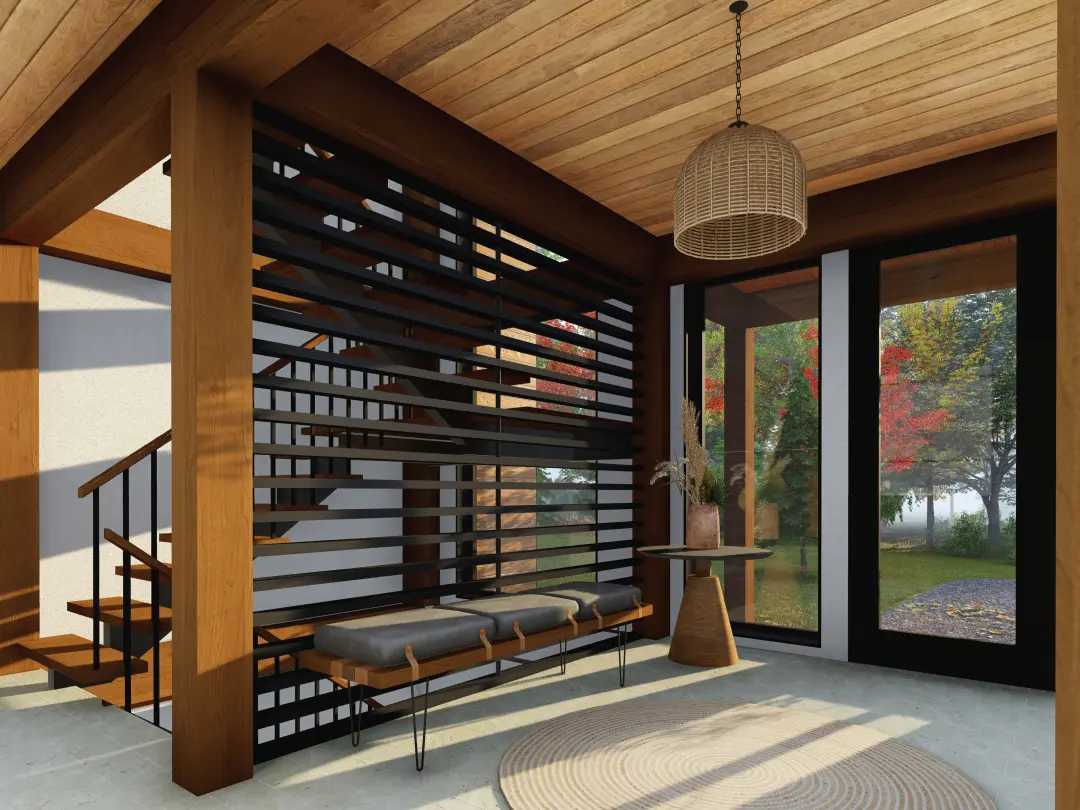 Scandinavian Cabin The Osler 4132 Interior Entry Stairs Normerica Timber Homes