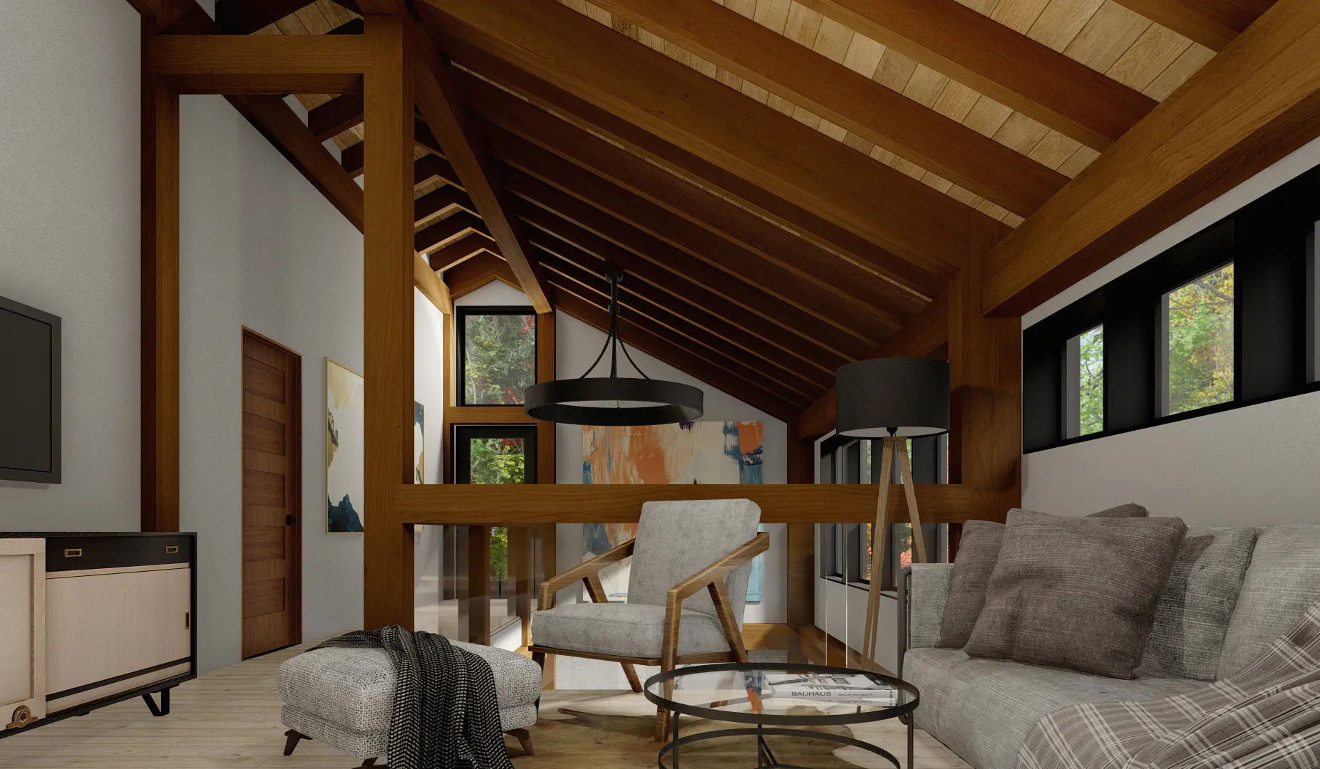 Scandinavian Cabin The Osler 4132 Interior Second Level Sitting Room Normerica Timber Homes