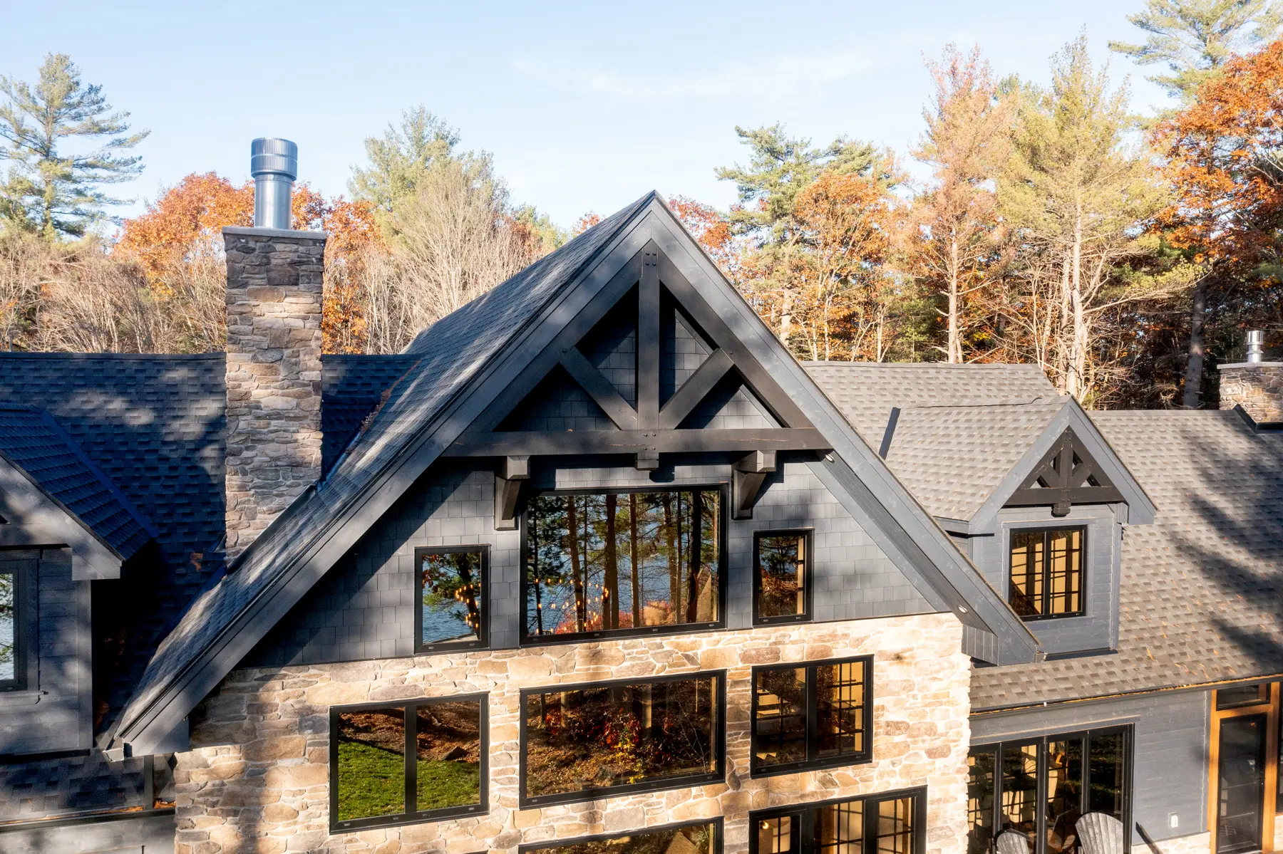 Traditional Lakeside Cottage Lakeside Escape Project Portfolio Exterior Back Trusses Window Wall Normerica Timber Homes