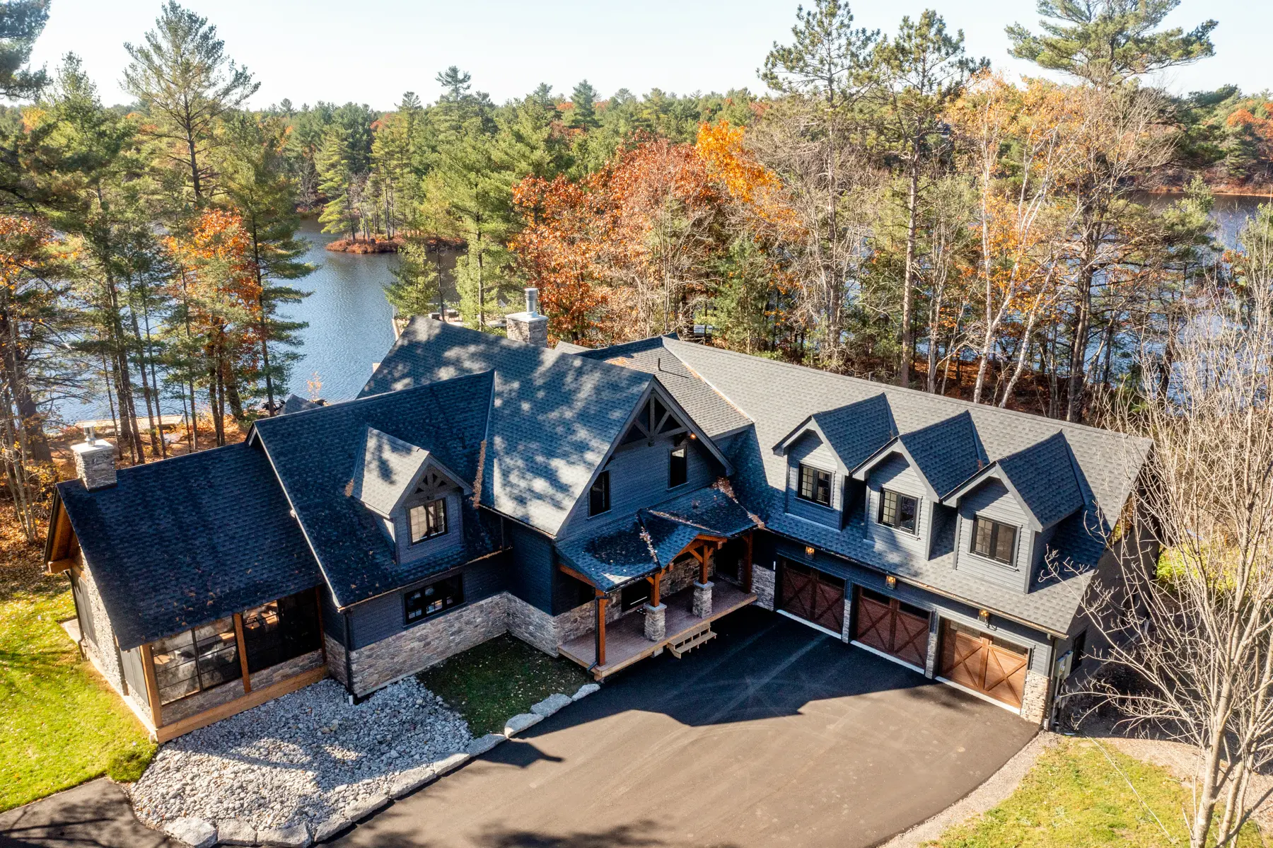Traditional Lakeside Cottage Lakeside Escape Project Portfolio Exterior Front Aerial Daytime Normerica Timber Homes